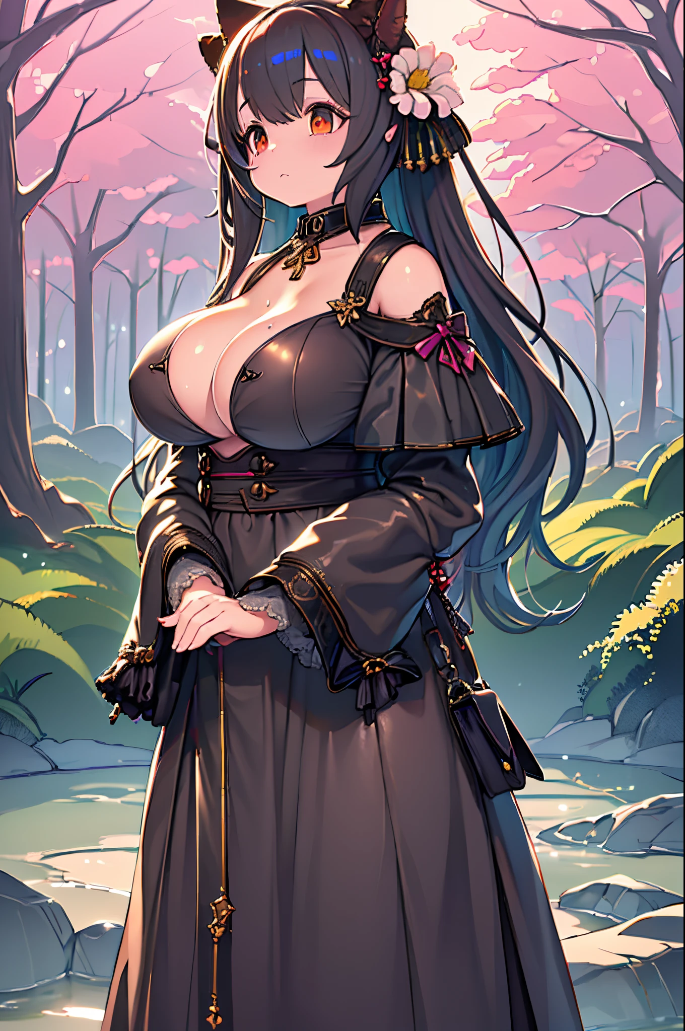 (masutepiece:1.2), (Best Quality:1.2), Perfect eyes, Perfect face, Perfect Lighting, 1girl in, Mature woman Gosgar standing with hands in front of her, Long hair, Complex hairstyle, makeup, Black lips, thick eyelashes, sad, a gloomy, Dressed in Gosgar costume, Black and white dress, frilld, bow ribbon, Puffy sleeves, Bare shoulders, Lacey Choker, Jewelry, peaceful, shush, Chill, Detailed outdoor background, Beautiful Landscapes, Fantasy, Summer, Sunny, sun burn, Flowers, Trees