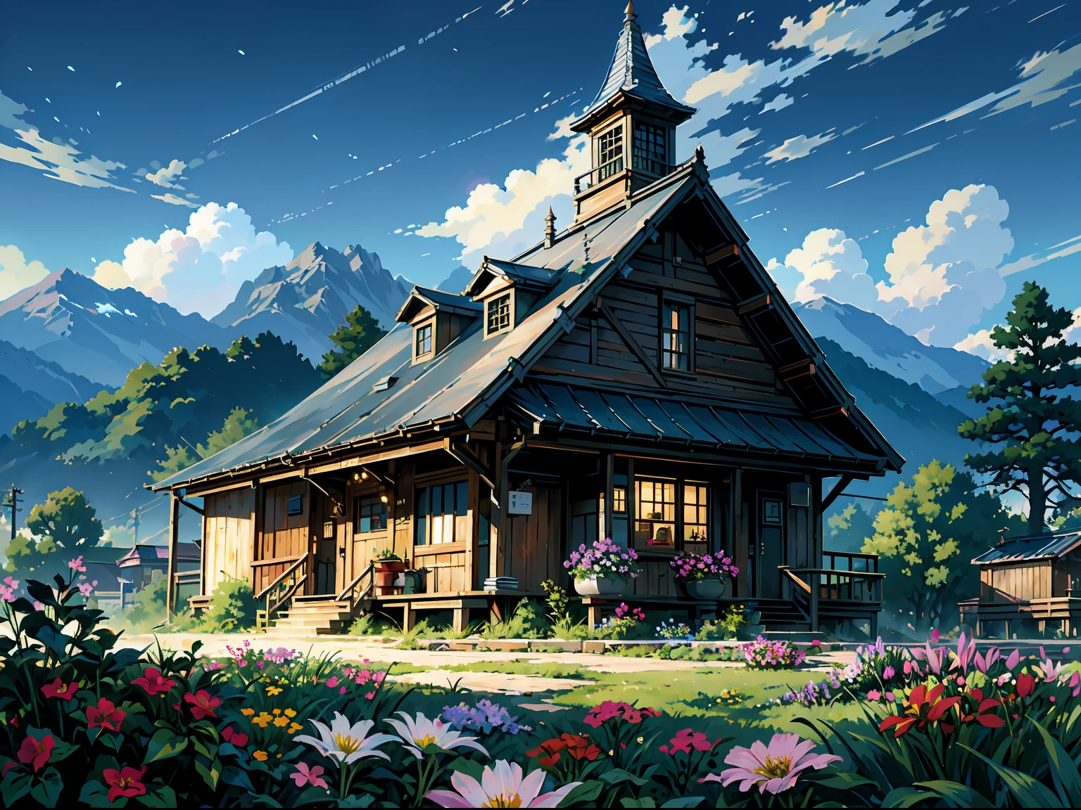 (masterpiece, best quality:1.2), (no human:1.3), garden, beautiful, (night, dark, no light, darkness, shadow:1.3), clouds, clean, shack, fence, (flowers, minimalism:1.4), ultra clean, Ultra detailed, studio ghibli, landscape, wallpaper, clean, warm tone, god rays, anime style, cinematic lighting, bloom, ray tracing, reflection light, masterpiece, super detail, highres, best quality