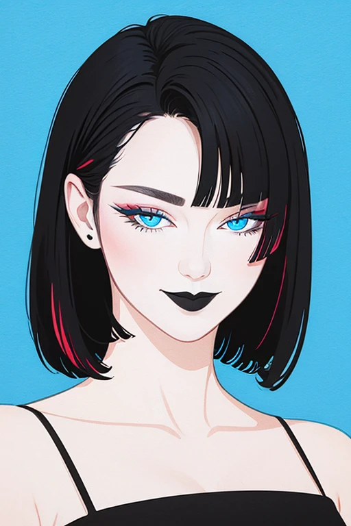 Bare shoulders, black hair, multicolored hair, short hair, head portrait, blue eyes, black lips, Vector art, flat-colors, pop-art, A dark-haired, bob cuts, light smile.