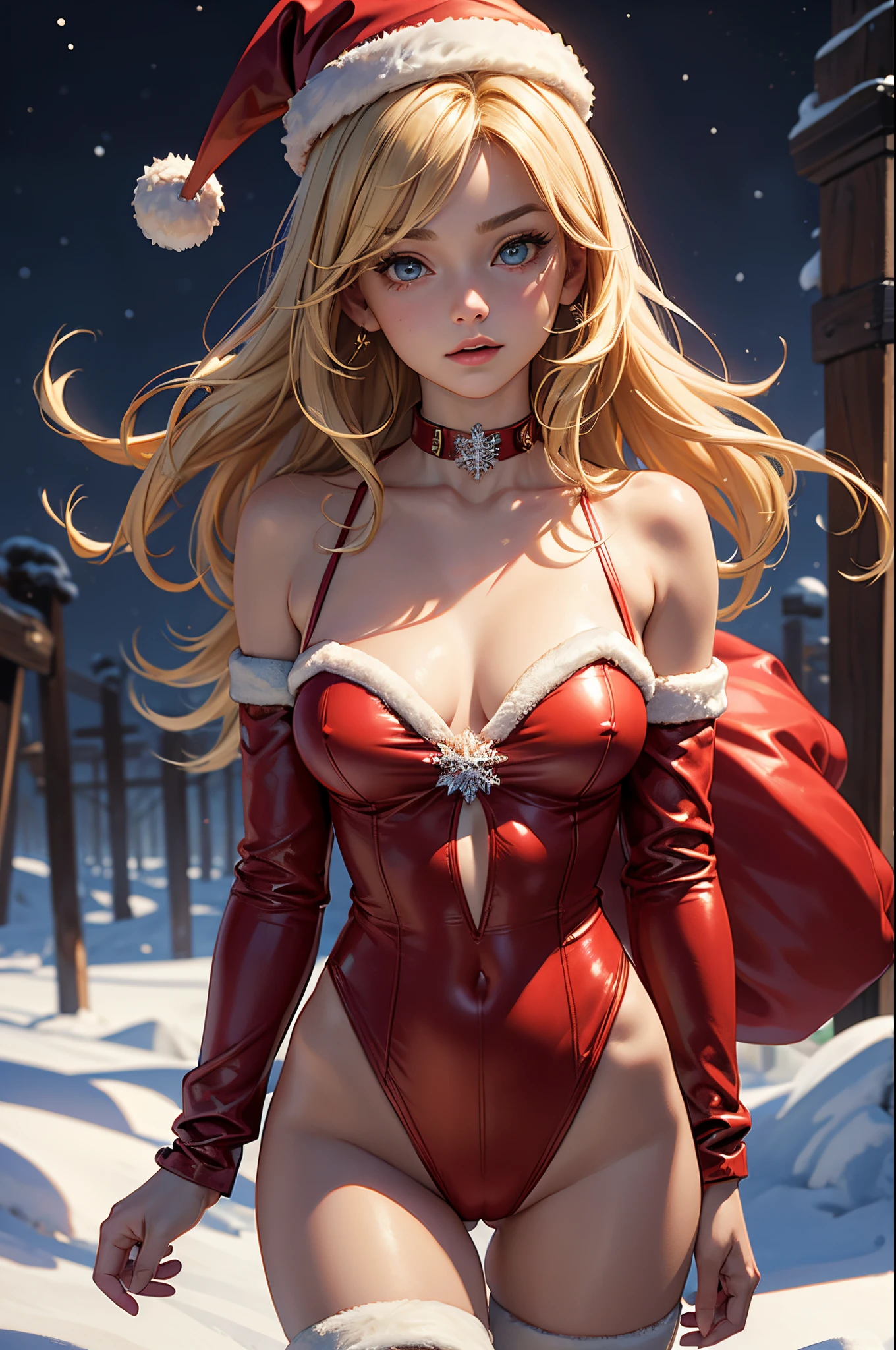 (masterpiece), (best quality), (detailed), light layer, 1solo girl, young girl, perfect body, blonde hair, defined chest, defined collarbone, ultra realistic, photorealistic, detailed, ,Enhance, wearing a santa suit with thigh high red boots and santa cap, outside, black of night, snowflake pattern,