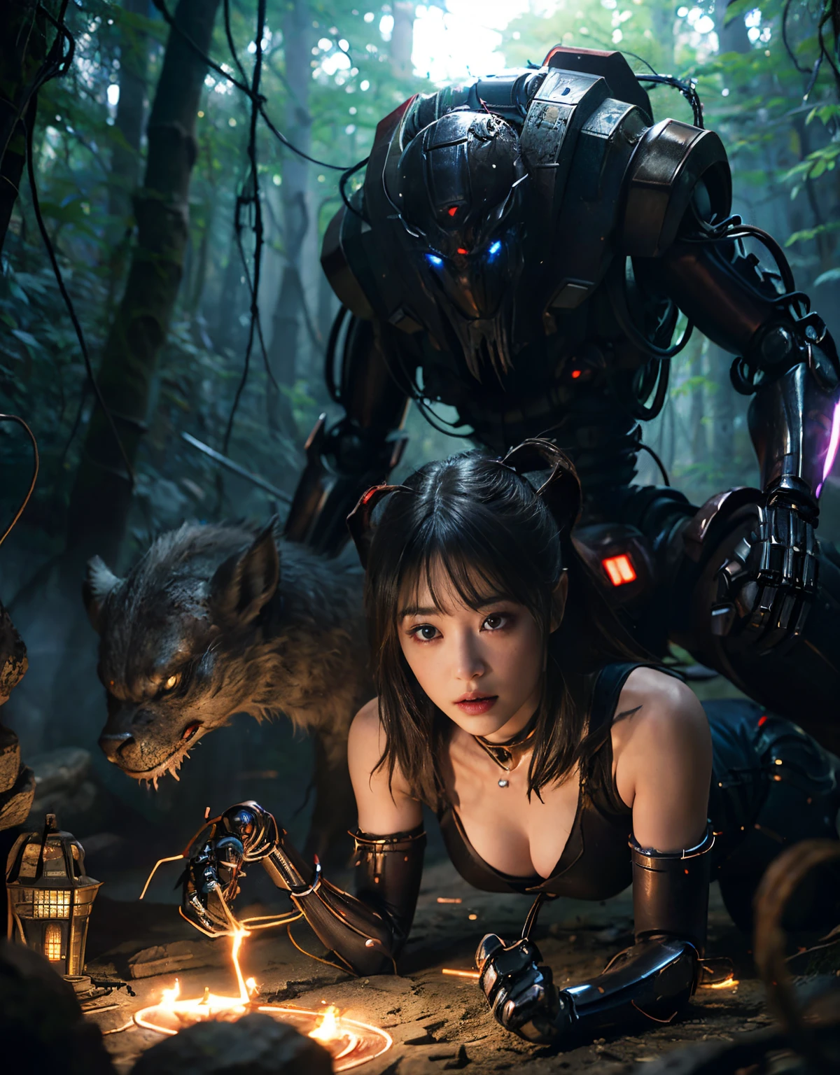 (1 Mechanical Girl)、（Mystical expression）、top-quality、​masterpiece、超A high resolution、(Photorealsitic:1.4)、Raw photo、***1人、Fight mutants、glowy skin、(((1 Mechanical Girl)))、（Red Metal Bodysuit）、(Fight goblings、ogre、Fierce battle with Osite、Beautiful forest background of fierce battle with alien night demon beast)、(Small LED)、((super realistic details))、vertical giant monster background),globalillumination、Shadow、octan render、8K、ultrasharp、Colossal tits、Raw skin exposed in the cleavage、red metal、Details of complex ornaments、Japan details、highly intricate detail、Realistic light、(Mystical expression),CG Society Trenlow Eyes、Eyes shining towards the camera、Mechanical marginal blood vessels connected to neon detail tubes)、(Wires and cables connecting to the head)、Small LED、,Mechanical thighs、Toostock、（Hands are also made of machines.traces on the cliff）、机器人、