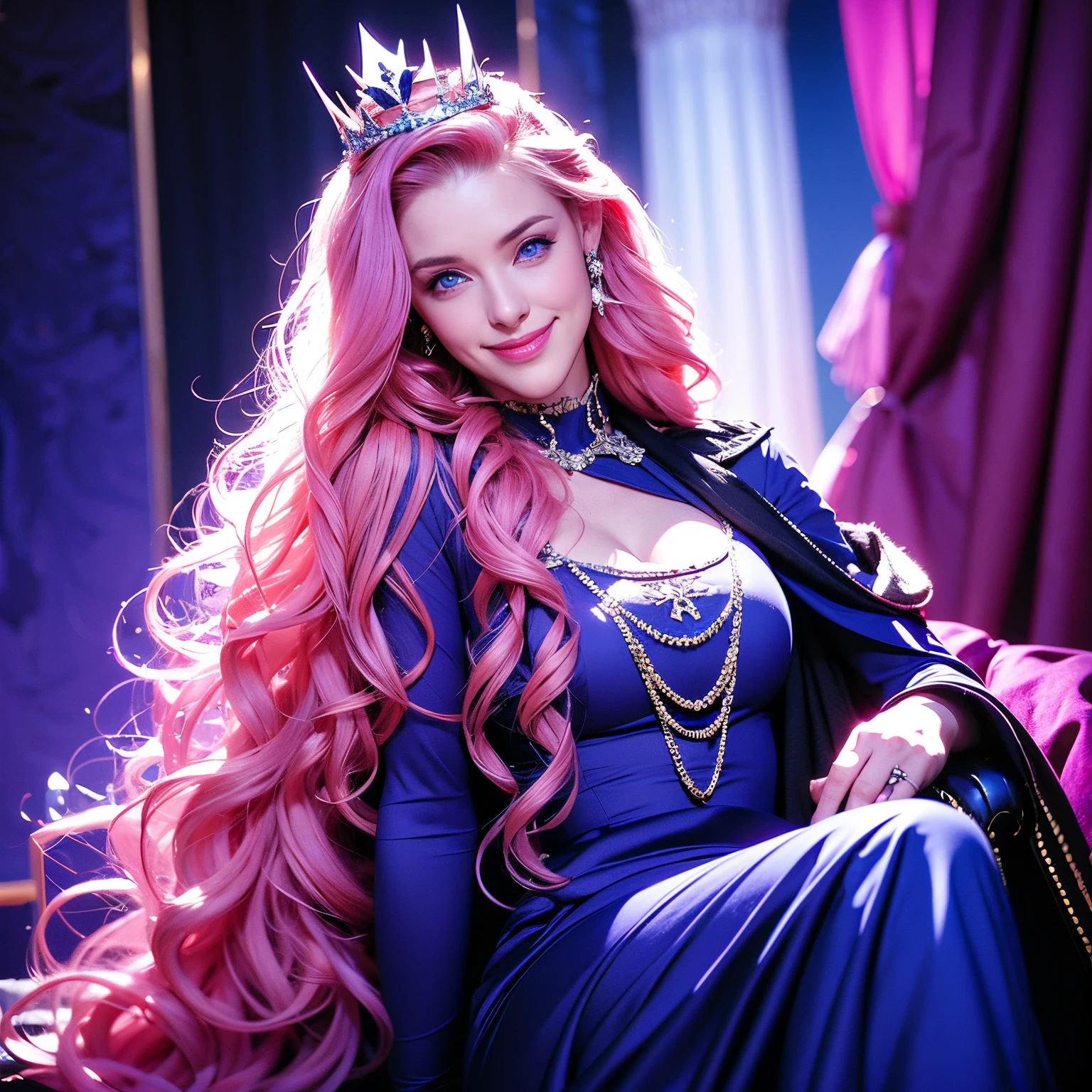 the Woman, long curly hair, pink hair, blue eyes, sitting on the throne, evil smile, dark light, smile, devilish, crown, Queen, highlighted eyes, blue eyes, side smile