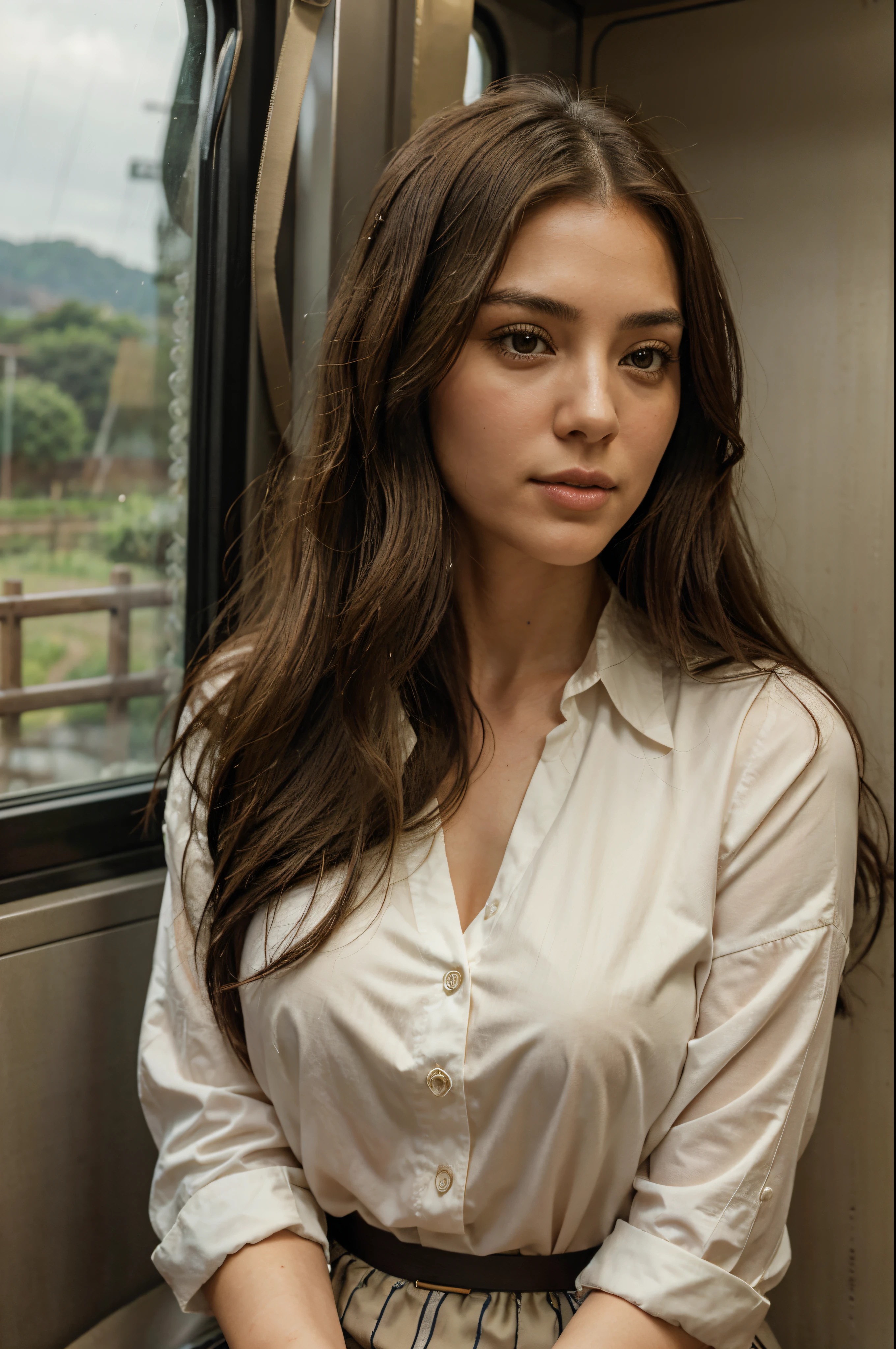A very realistic and beautiful young woman with long dark wavy hair and full lips is seated inside a train that is going across the Japanese countryside. She looks like a young Elizabeth Hurley. Outside of the train window, are traditional Japanese farms and homes. There are lush rolling hills and the sun is setting in the background. She is dressed elegantly. There is a cappuccino on the table in front of her. The camera only sees her side profile. It is lightly raining outside.
