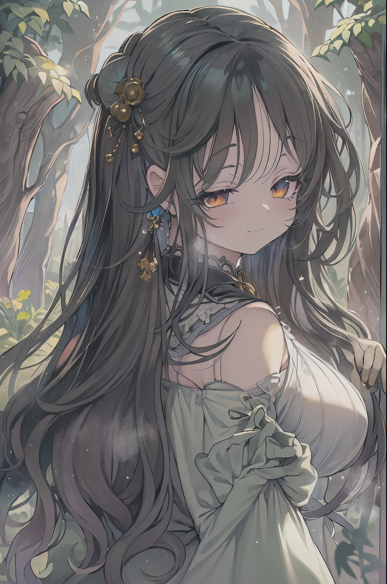 (masutepiece:1.2), (Best Quality:1.2), Perfect eyes, Perfect face, Perfect Lighting, 1girl in, Mature woman Gosgar standing with hands in front of her, Long hair, Complex hairstyle, makeup, Black lips, thick eyelashes, sad, a gloomy, Dressed in Gosgar costume, Black and white dress, frilld, bow ribbon, Puffy sleeves, Bare shoulders, Lacey Choker, Jewelry, peaceful, shush, Chill, Detailed outdoor background, Beautiful Landscapes, Fantasy, Summer, Sunny, sun burn, Flowers, Trees