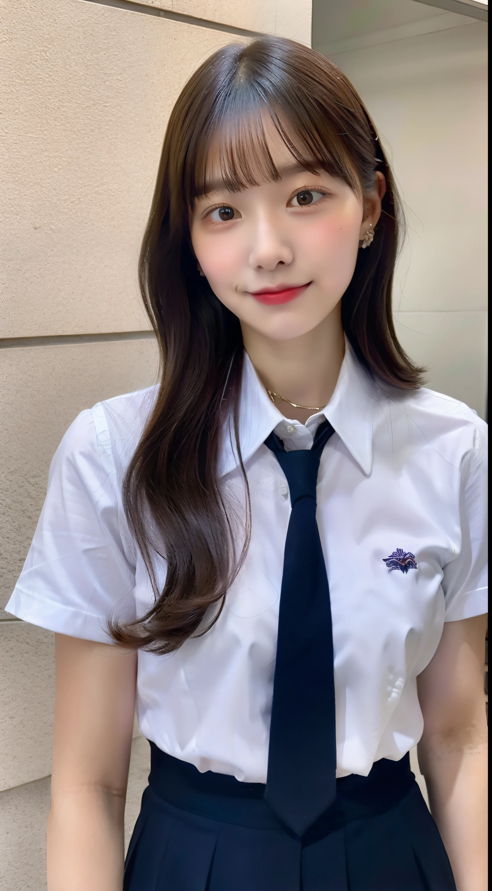 18 year old high school girl wearing a shirt, Miniskirt, and a dark purple tie.