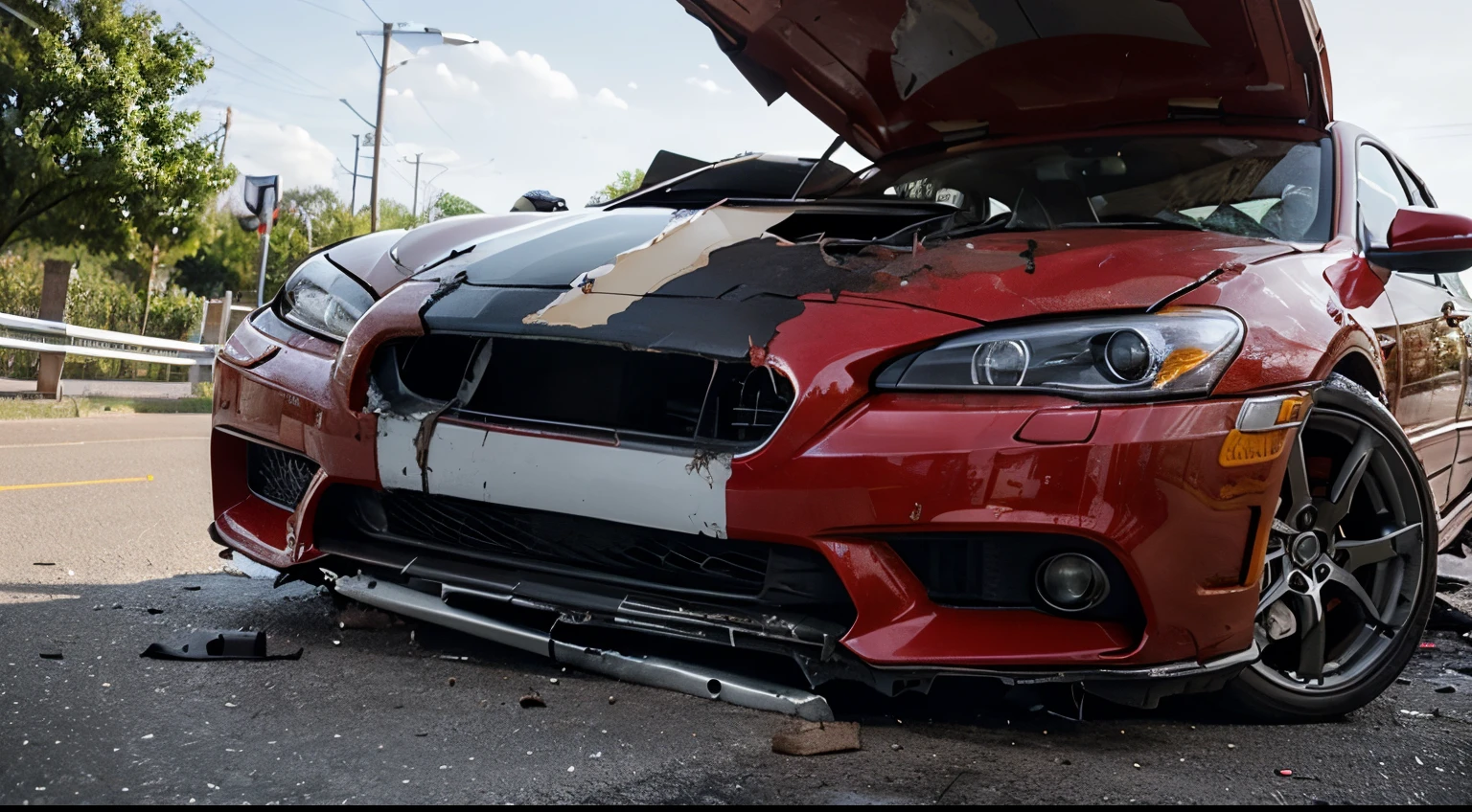 Vehicle severely damaged,collide,scroll,Red car
