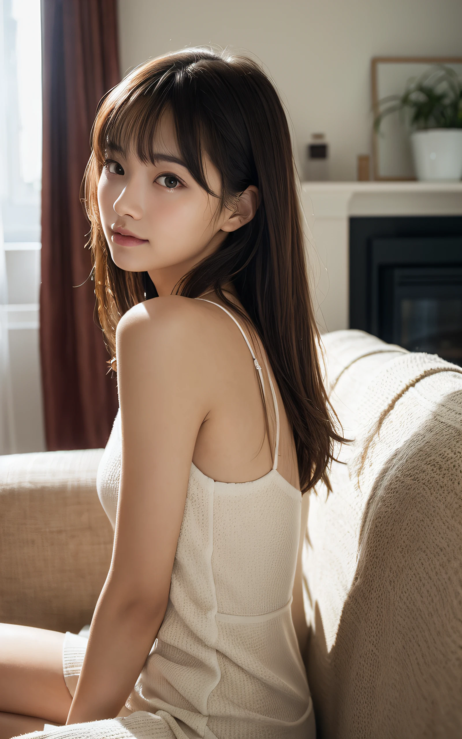 Best Quality, masutepiece, 超A high resolution, (Photorealistic:1.4), Raw photo
,(((Spread your legs, Sit with your knees bent)))),Full body shot,(college age),(19 years old)
,Natural makeup,1womanl,Brown hair,Medium Hair,Asymmetrical hair,asymmetrical bangs, 
,Angelic smile,slender,medium breasts,Cinematic lighting,