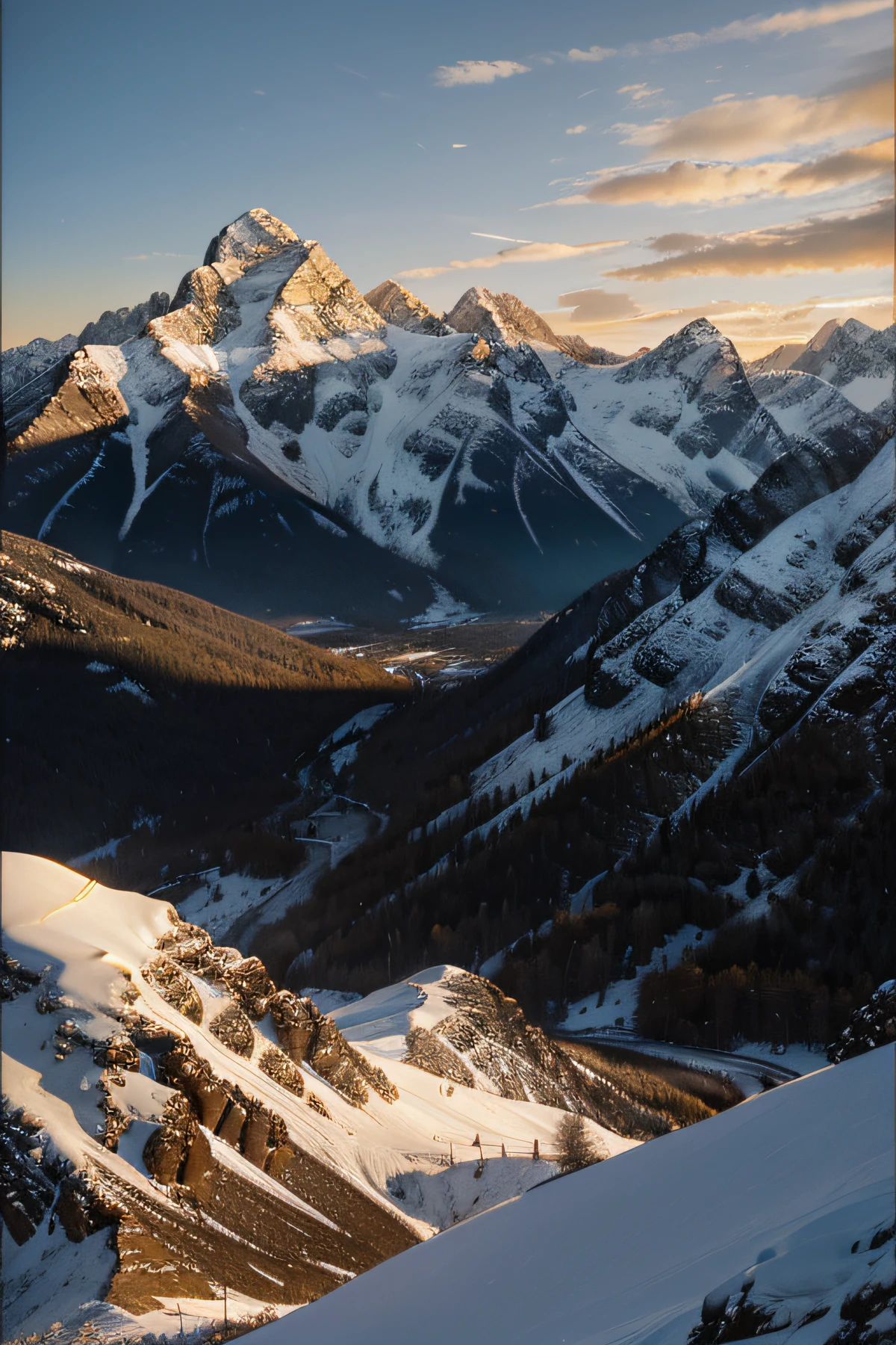 A photorealistic painting of a majestic mountain range at sunrise. The sky is a gradient of orange and yellow, with the sun peeking over the horizon. The mountains are covered in snow, with the light reflecting off the peaks. The rocks are textured and detailed. The overall mood is peaceful and serene.