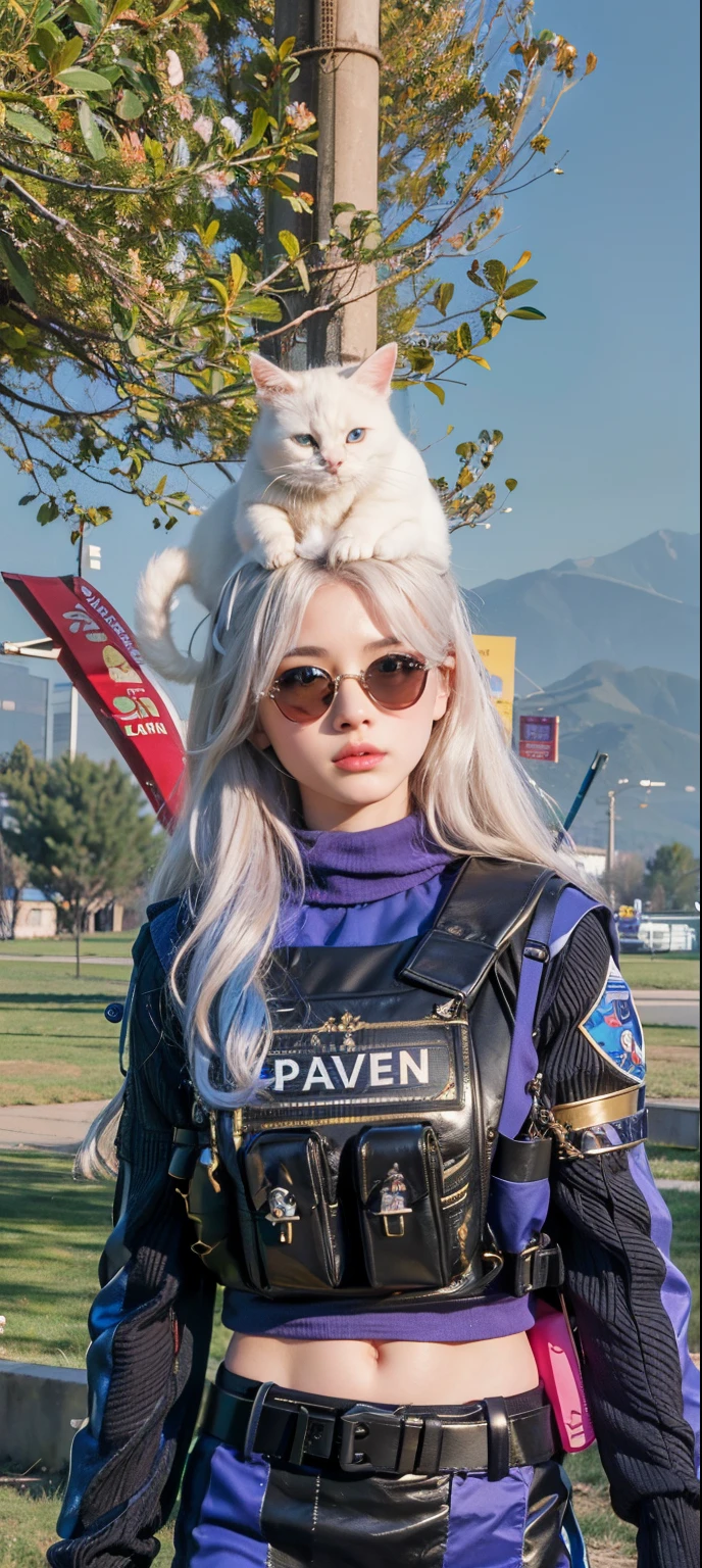 (8k, RAW Photography, top-quality, masterpiece:1.2), 1girl, 3d, voluptuous body, beautiful face, photogenic , 3D, Blazer uniform, long blonde hair in curls, hands raised, school ground, s lips, High school student, schoolyard, school uniform, real, shinny skin、Beautiful delicate face、Beautiful delicate eyes、a miniskirt 、Multiple people,A White Cat On Her Head