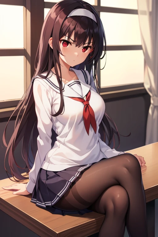 kasumigaokautaha, ((full body)), ((full pose)) utaha kasumigaoka, black hair, hairband, long hair, (red eyes:1.5), masterpiece, best quality, highres, kasumigaoka utaha, 1girl, solo, ((sitting on table)), ((crossed legs)), ((school shoes)), long sleeves, school uniform, skirt, pantyhose, medium breasts, blushing, black hair, hairband, red eyes, ((white hairband)), bangs, medium breasts, blushing, ((serious face)), cowboy shot, ((looking at viever)), school background,