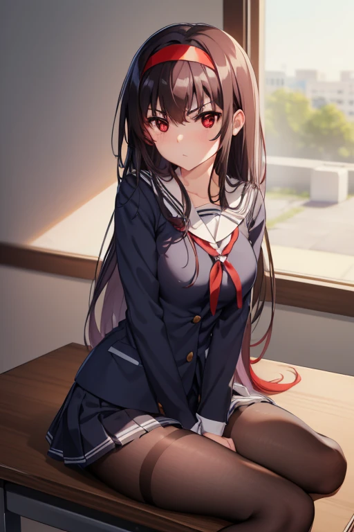 kasumigaokautaha, ((full body)), ((full pose)) utaha kasumigaoka, black hair, hairband, long hair, (red eyes:1.5), masterpiece, best quality, highres, kasumigaoka utaha, 1girl, solo, ((sitting on table)), ((crossed legs)), ((school shoes)), long sleeves, school uniform, skirt, pantyhose, medium breasts, blushing, black hair, hairband, red eyes, ((white hairband)), bangs, medium breasts, blushing, ((serious face)), cowboy shot, ((looking at viever)), school background,
