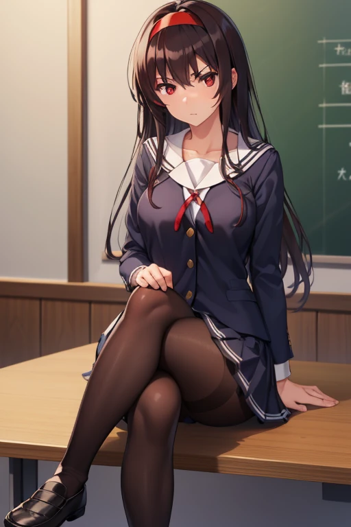 kasumigaokautaha, ((full body)), ((full pose)) utaha kasumigaoka, black hair, hairband, long hair, (red eyes:1.5), masterpiece, best quality, highres, kasumigaoka utaha, 1girl, solo, ((sitting on table)), ((crossed legs)), ((school shoes)), long sleeves, school uniform, skirt, pantyhose, medium breasts, blushing, black hair, hairband, red eyes, ((white hairband)), bangs, medium breasts, blushing, ((serious face)), cowboy shot, ((looking at viever)), school background,