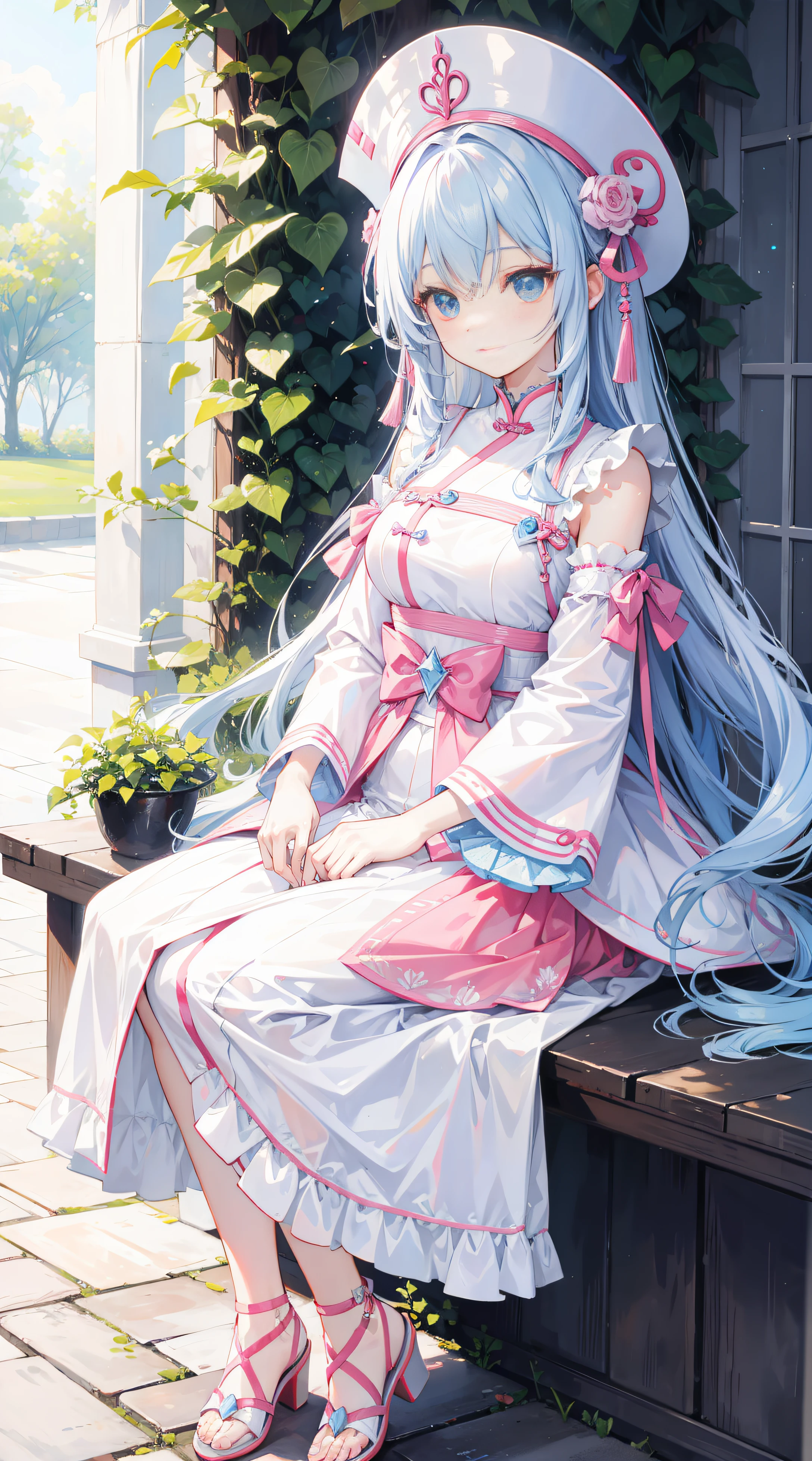 Long light pink and white hair,blue, White and pink clothes,She a cute and lovely girl,Forward to senior sister,Looks very light and gentle