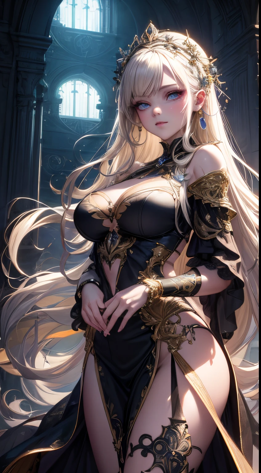 Masterpiece, Detailed Illustration, Top Quality, Exquisite, Anime style, disfigured, As a matter of fact,  with big breasts, beautiful albino girl, 20years old, full - body, Side Shot, Piercing all over the body, Detailed tattoos are everywhere, Crystal Dress, gentle smile, Depth of field, pixiv, oil painting, hiquality, 8K, Elaborate, Unreal Engine 5, ornate, Super detailed, edge lighting, Highly detailed, finely detail