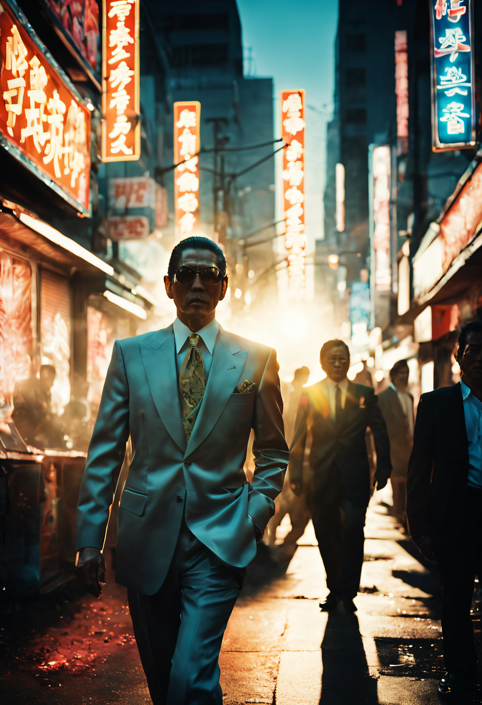 a double-exposure photograph of a yakuza in a luxury suit walking along and a street with neon signs, busy street, crowds, sproud, (sunny 4pm: 1.3), cinematic lighting, (double exposed: 1.4), camera flash light, (shutter drag: 1.5), motion bur, lens flare, (graflex speed graphic: 1.2), street photography, magnum, film grain, movie poster, Bruce Gilden style