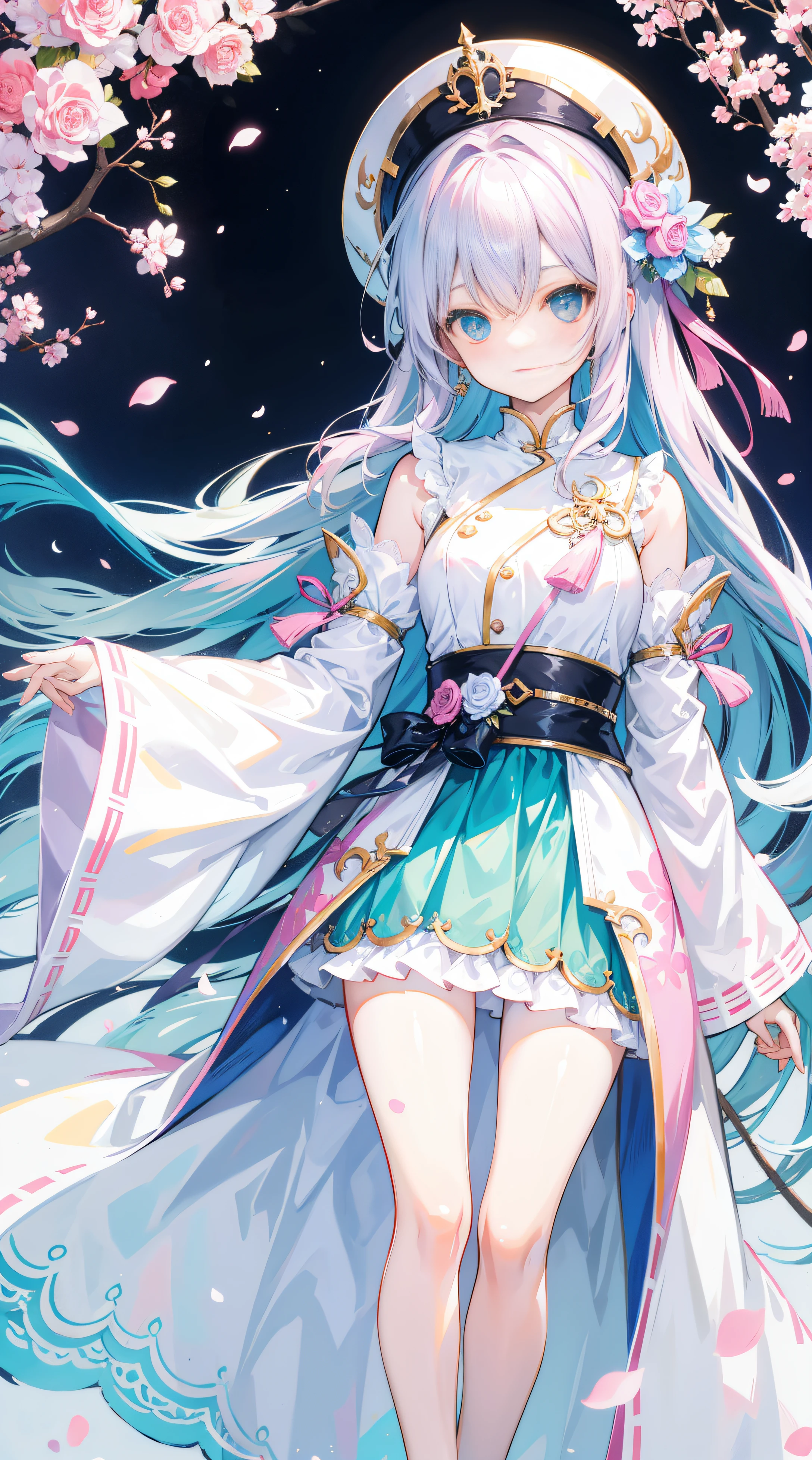 Long light pink and white hair,blue, White and pink clothes,She a cute and lovely girl,Forward to senior sister,Looks very light and gentle