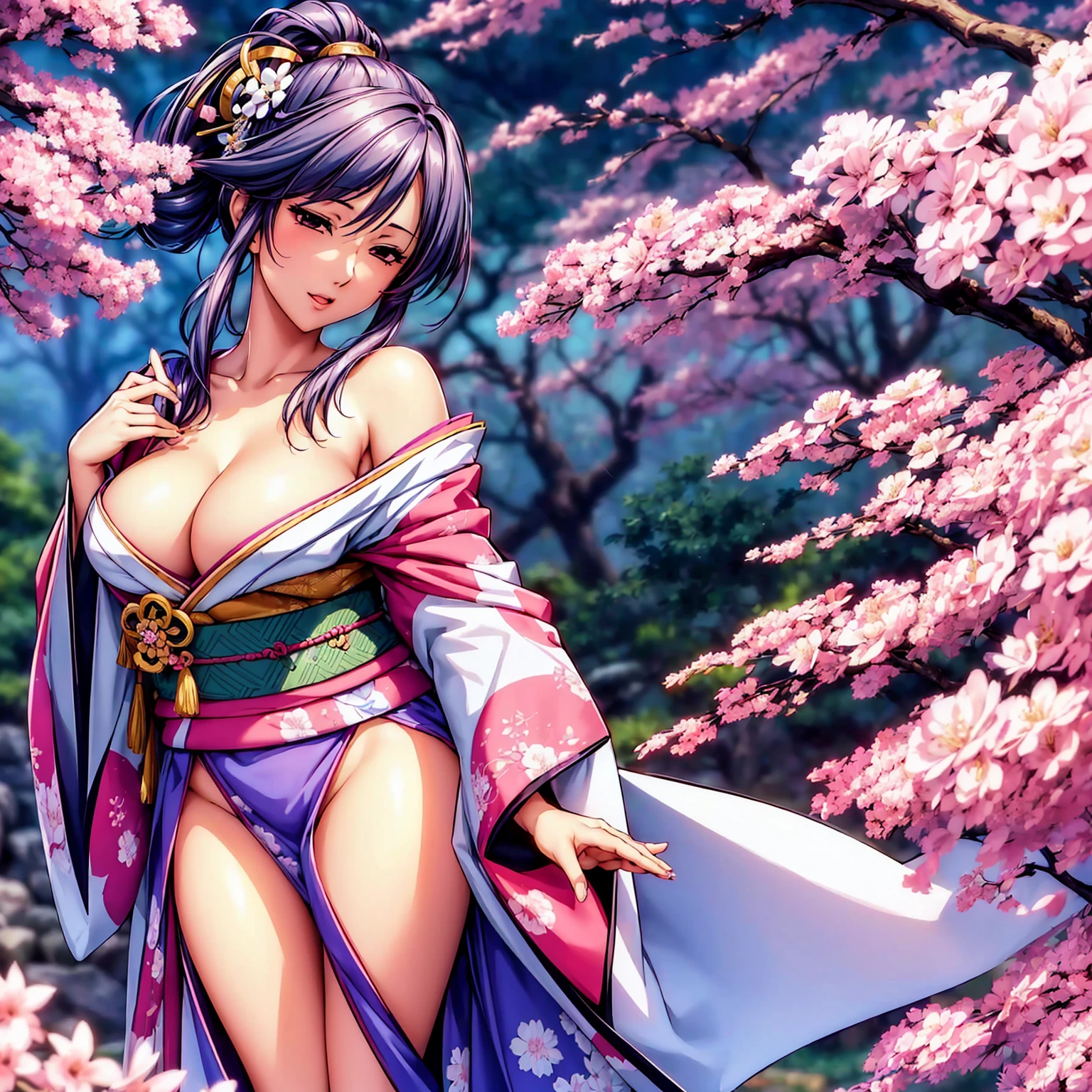 (top quality picture、masterpiece level、very high res、超A high resolution,High-quality detail)、(A 24-year-old woman with perfect and ultimate beauty.,beautiful breasts and body shape,Beautiful body,美丽的面容:1.5)、large pink,Japanese hair decoration,Wide variety of hairstyles,Beautiful hair,Realistic textures,(((She is wearing a Japanese kimono with beautiful colors.,Richly colored kimono,Shoulders exposed from kimono,I can see the cleavage))),has a bewitching smile,Inviting gaze,Mouth opens,The wind is blowing,Hair flutters under the influence of the wind,Kimono flapping due to the wind,The sleeves and obi of the kimono flutter in a radial pattern.,Vibrant poses,Japanese garden,The cherry tree,Beautiful Landscapes,(The whole body,thigh visible,accurate anatomy、extremely detailed picture、Accurate images、Perfect Image 1.5)、beautiful anime woman, Beautiful Art Style, an animated character、(The whole picture、Detailed picture、Defect-free images、natural soft light、beautiful image),(Best Shot 1.2)