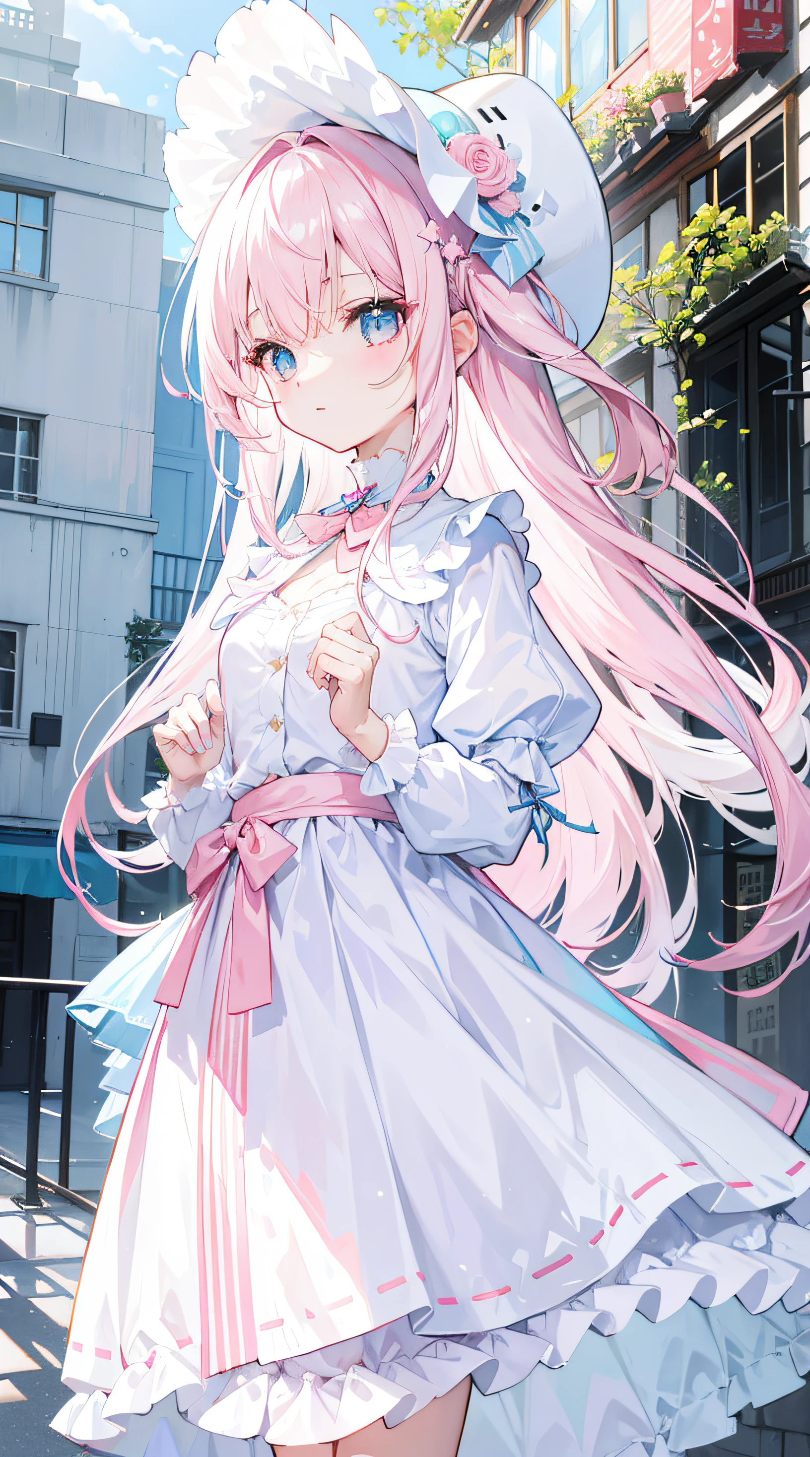 Long light pink and white hair,blue, White and pink clothes,She a cute and lovely girl,Gamine,Looks very light and gentle