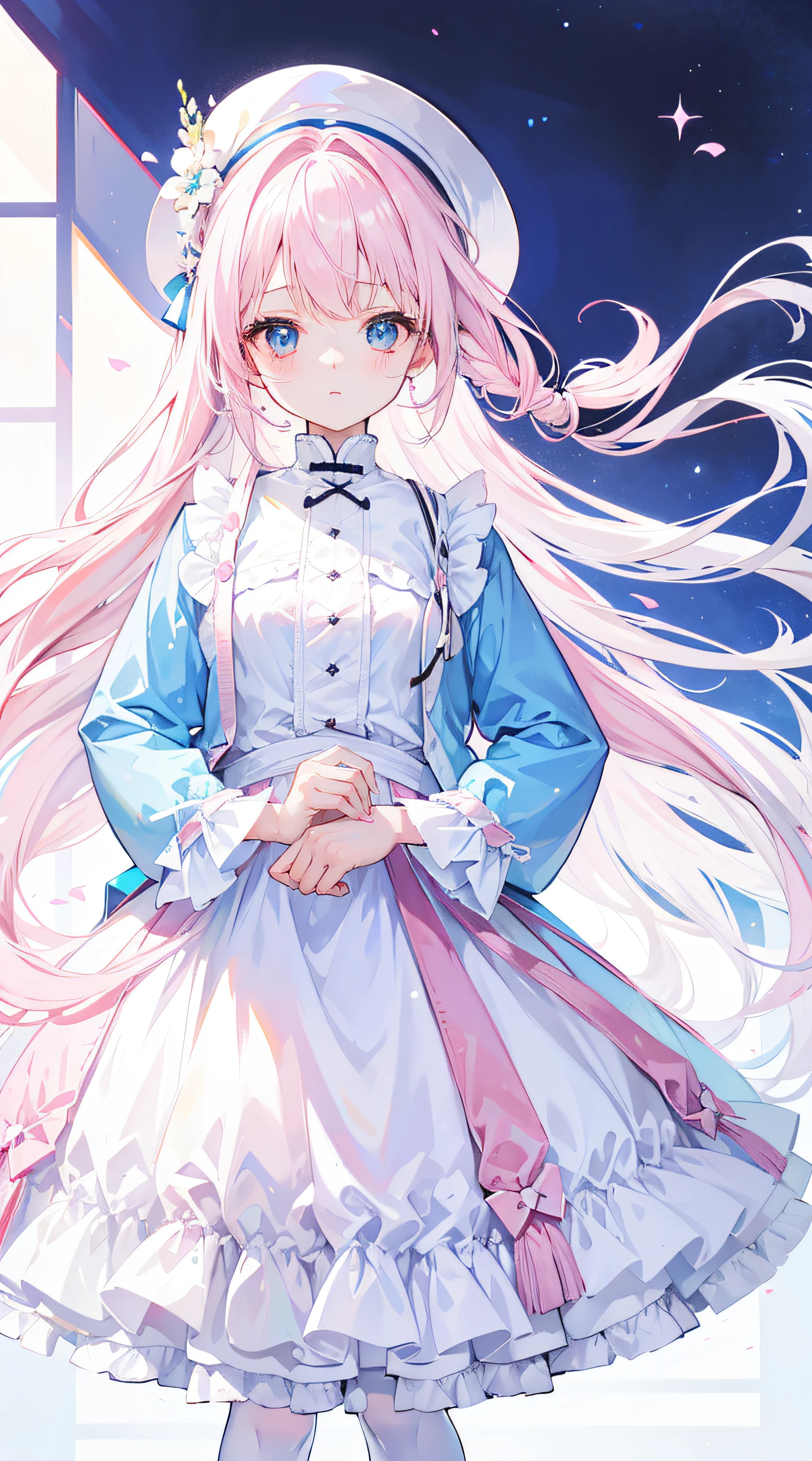 Long light pink and white hair,blue, White and pink clothes,She a cute and lovely girl,Gamine,Looks very light and gentle