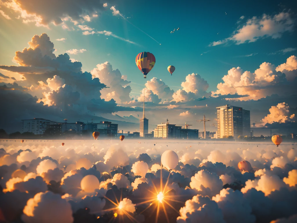 5 large white balloons,((A cylindrical device hangs beneath the balloon)),globalillumination, cellshading, Octagon rendering, 8K, iintricate, cool colours, rays of sunshine,high house,Exhaust emissions,Guangdong,Guangzhou,The Car,城市,downtown area,streetview,the street,traffic light,zebra crossings,pedestrians,crowd of,in style of kyoto animation,Kyoto Animation,citypop