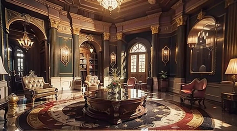 (science-fiction, Planet Terasinia, solar system Luxor,solar system Luxor, Best Quality, 8K, Masterpiece :1.2) Emperor's office, A room with a desk, table with 3D virtual map, red and gold carpet, interior of the Emperor's personal office, Action in the office, room with chandelier and fireplace, Castle Library, Inside the Castle Library, in a luxurious library, Large Library, Interior, Interior cabinet, Interior view, There are several screen monitors on the walls, monitor screen with news, monitor-screen with economic situations Beitoniy, Screen with political situation, world news screen, screen with military political situation, Huge office, Interior cabinet, Large Spatial Room, office, Emperor's office in the Louvre, Interior of the emperor's office, offices