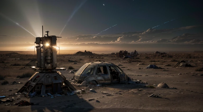 (best quality,4k,8k,highres,masterpiece:1.2),ultra-detailed,realistic:1.37,a large generational spaceship crash-landed on a desolate moon,footprints in the dust, ancient feeling,broken equipment strewn about,scattered abandoned technology,twisted metal fragments,overgrown plants weaving through the wreckage ,shadows of the past,streaks of moonlight peeking through the clouds,rays of sunlight illuminating the abandoned scene,hint of a fading civilization,silent and eerie atmosphere,post-apocalyptic setting,distant cry of wind echoing through the rusty debris,vast open space with no signs of life,mysterious lunar landscape.