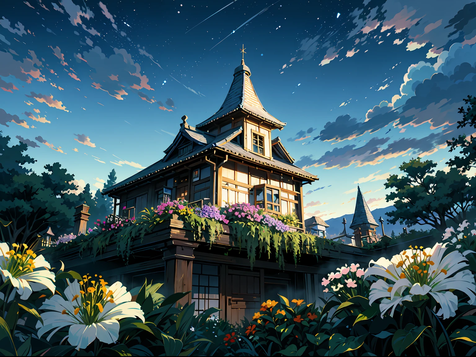 (masterpiece, best quality:1.2), (no human:1.3), garden, beautiful, (night, dark, no light, darkness, shadow:1.3), clouds, clean, shack, fence, (flowers, minimalism:1.4), ultra clean, Ultra detailed, studio ghibli, landscape, wallpaper, clean, warm tone, god rays, anime style, cinematic lighting, bloom, ray tracing, reflection light, masterpiece, super detail, highres, best quality
