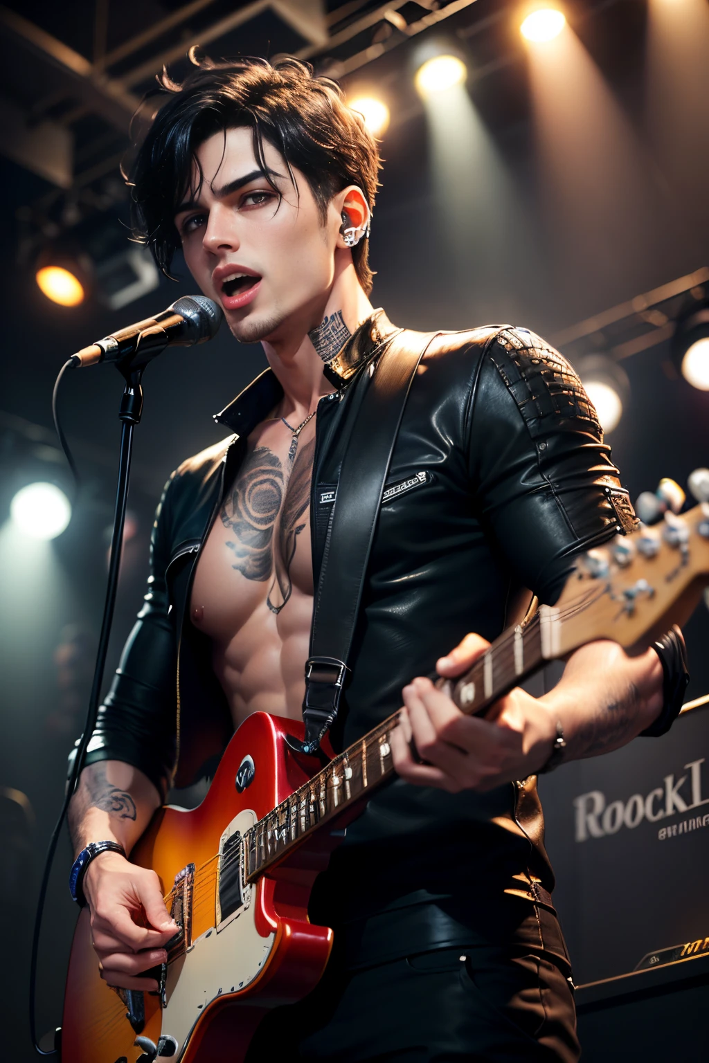 (1guy), handsome guy, black hair ,black eyes, singing on stage for a rockband,some tatoo, underground rock setting. Dark lights