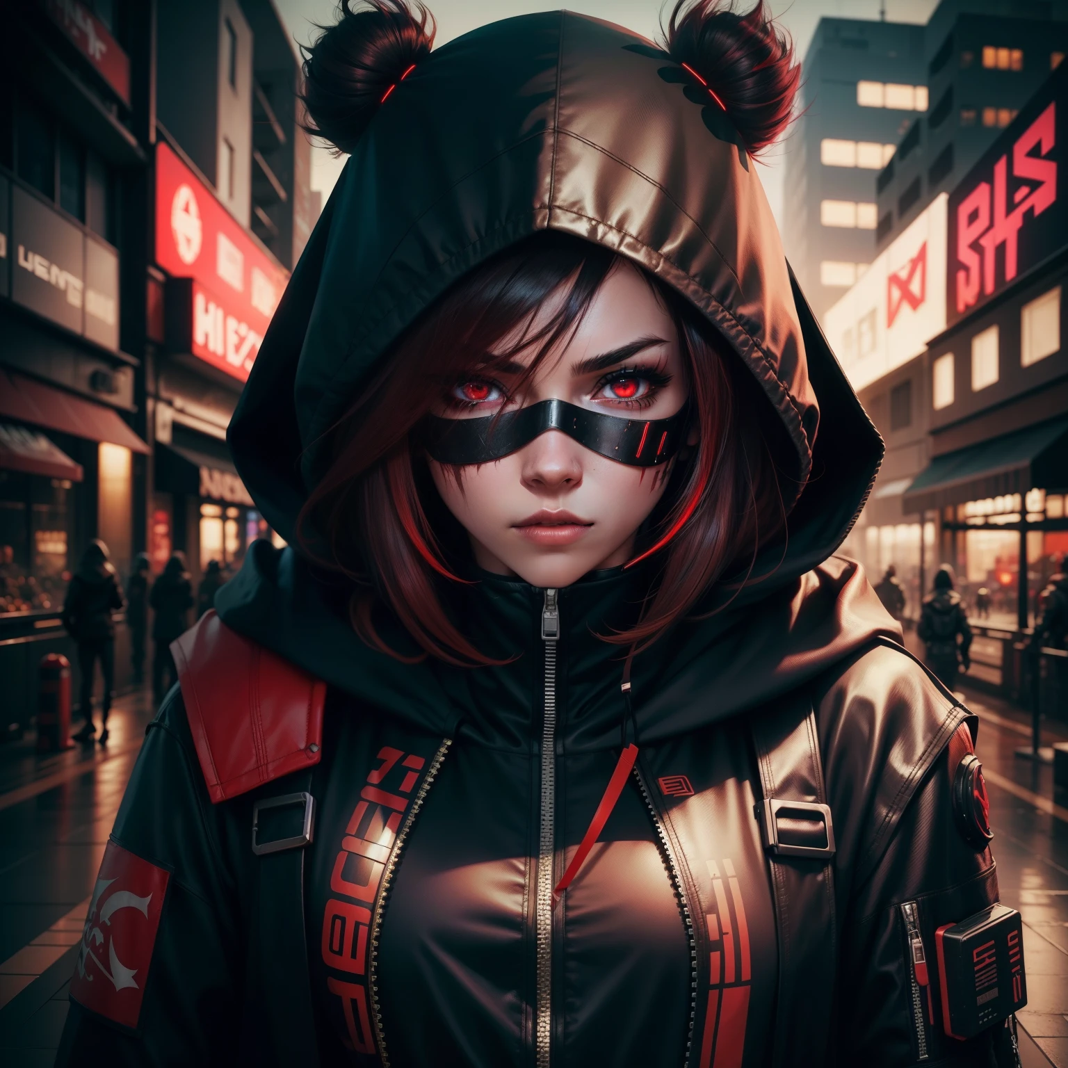 female character, hood, cyberpunk, red neon, mask, dark, dark hair, eyes coming out fire From the side, he looks straight at you