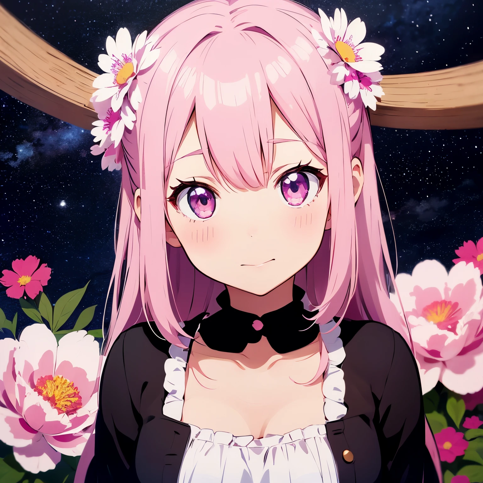 Anime girl with light pink hair and horns with flowers