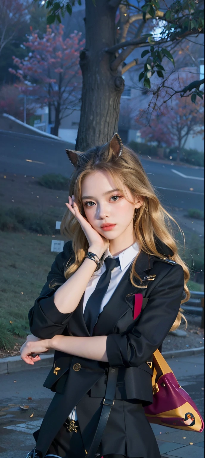 (8k, RAW Photography, top-quality, masterpiece:1.2), 1girl, 3d, voluptuous body, beautiful face, photogenic , 3D, Blazer uniform, long blonde hair in curls, hands raised, school ground, s lips, High school student, schoolyard, school uniform, real, shinny skin、Beautiful delicate face、Beautiful delicate eyes、a miniskirt 、Multiple people,A White Cat On Her Head