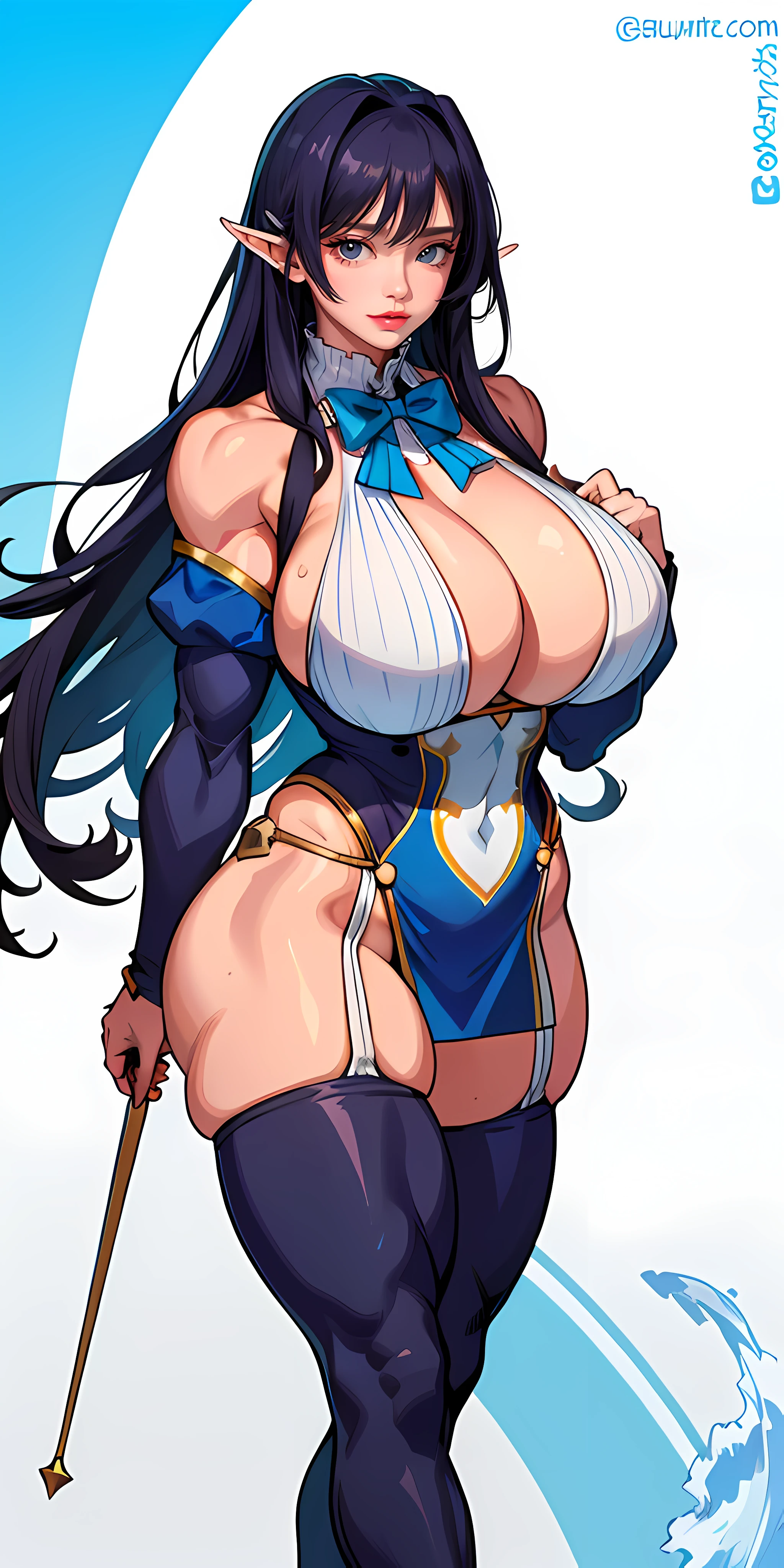 sexy for，Huge breastigboobs，Crop topping，Superskirt，JK，brunette color hair，Very large chest，Short top，blue bowtie，Blue and white stripes，long whitr hair，wetclothequisite facial features,s the perfect face, ((((huge muscles))))