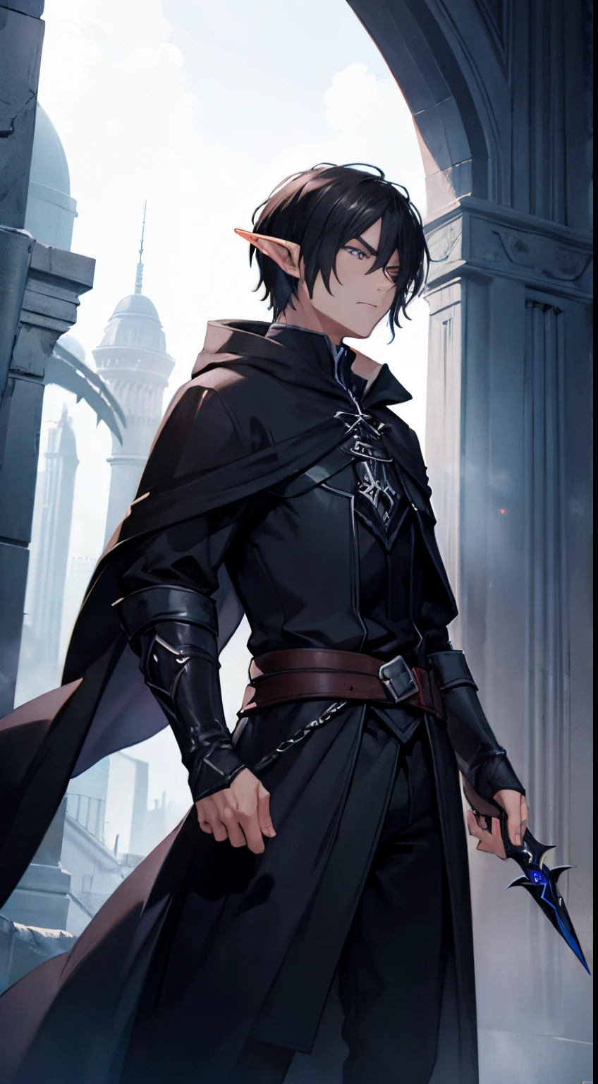 man mysterious elf assassin arcane trickster rogue dark robe hooded black short hair with a dagger