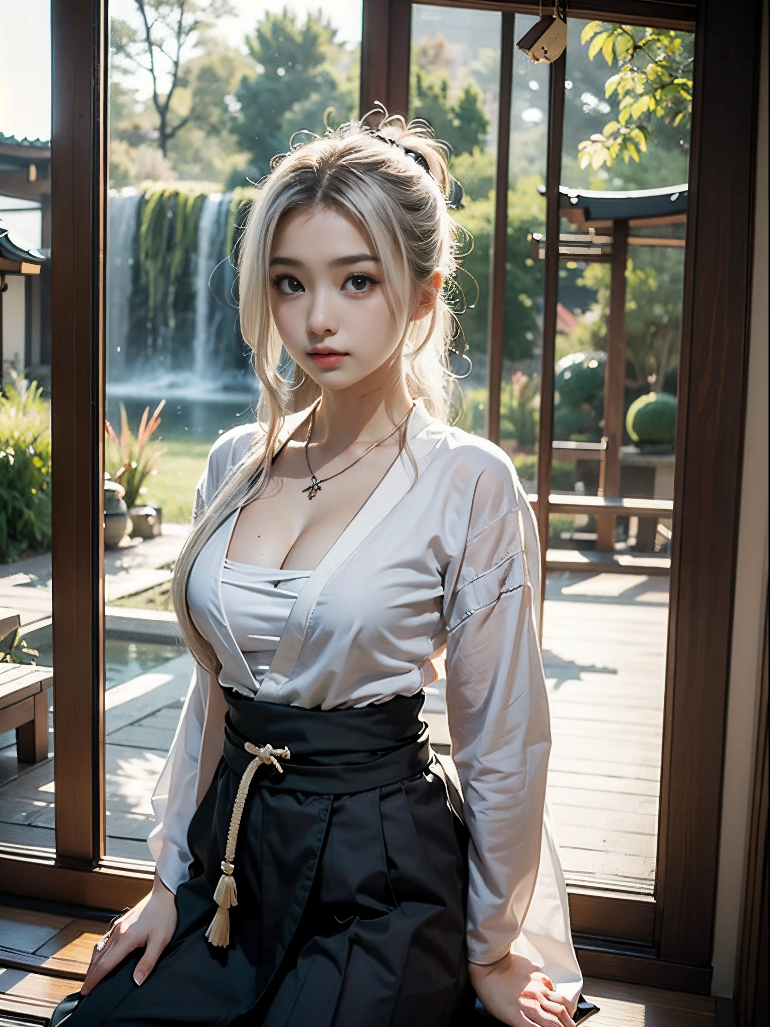 top-quality、​masterpiece、超A high resolution、(Photorealsitic:1.4)、Raw foto、1 girl in、((white  hair))、full body Esbian、large full breasts、Ultra exposed cleavage、erotick、Erotic look、gargantilha、二重まぶた、Loose and fluffy perm、semi long hair、Pleated skirt with slit、Staring at us with your whole body、Close up in black and white kimono, sōsaku hanga, hakama kimono, Anime , Onmyoji, Komono,, high quality costume, intricate hakama, flowing magic robe, bath robe, japanese kimono、(( Korean schoolg((Korean Female Idols))++、((human girl))、((a baby face))、Fono、Beautiful college student images、