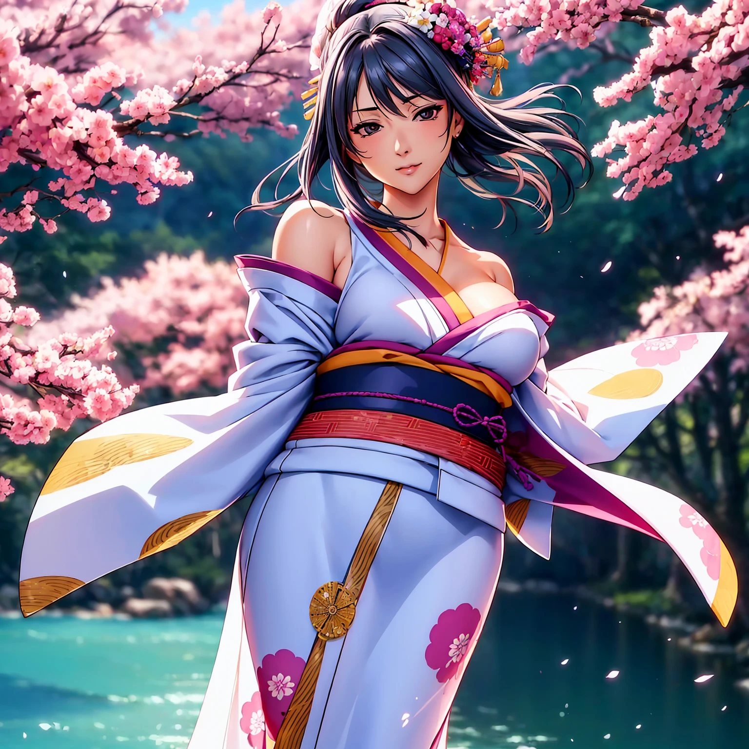 (top quality picture、masterpiece level、very high res、超A high resolution,High-quality detail)、(A 24-year-old woman with perfect and ultimate beauty.,beautiful breasts and body shape,Beautiful body,美丽的面容:1.5)、large pink,Japanese hair decoration,Wide variety of hairstyles,Beautiful hair,Realistic textures,(((She is wearing a Japanese kimono with beautiful colors.,Richly colored kimono,Shoulders exposed from kimono,I can see the cleavage))),has a bewitching smile,Inviting gaze,Mouth opens,The wind is blowing,Hair flutters under the influence of the wind,Kimono flapping due to the wind,The sleeves and obi of the kimono flutter in a radial pattern.,Vibrant poses,Japanese garden,The cherry tree,Beautiful Landscapes,(The whole body,thigh visible,accurate anatomy、extremely detailed picture、Accurate images、Perfect Image 1.5)、beautiful anime woman, Beautiful Art Style, an animated character、(The whole picture、Detailed picture、Defect-free images、natural soft light、beautiful image),(Best Shot 1.2)