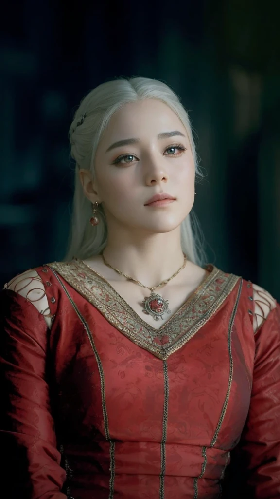 Un primer plano de una mujer con un vestido rojo con un collar, as a medieval fantasy character, Retrato lateral de la realeza, Reina Medieval, Retrato de una reina, Princesa medieval, Retrato medieval, Estilo de Juego de Tronos, Targaryen, ulzzang, maquillaje popular de Corea del Sur