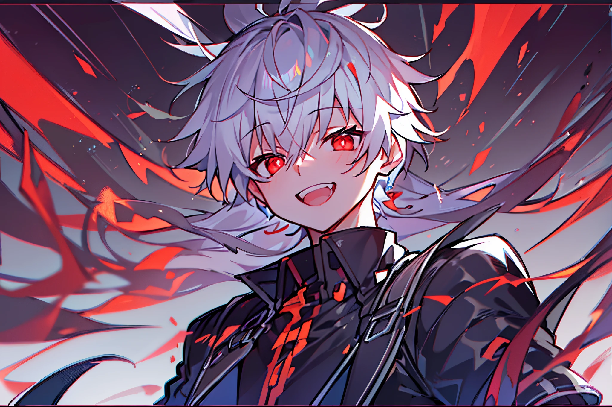 hight resolution,close range、Anime boy with white hair and red eyes staring at camera, Glowing red eyes,slim, dressed in a black outfit,Shadow Body,colorful backdrop,hair messy,Aggressive smile, Diagonal angle、Opening Mouth、Open mouth