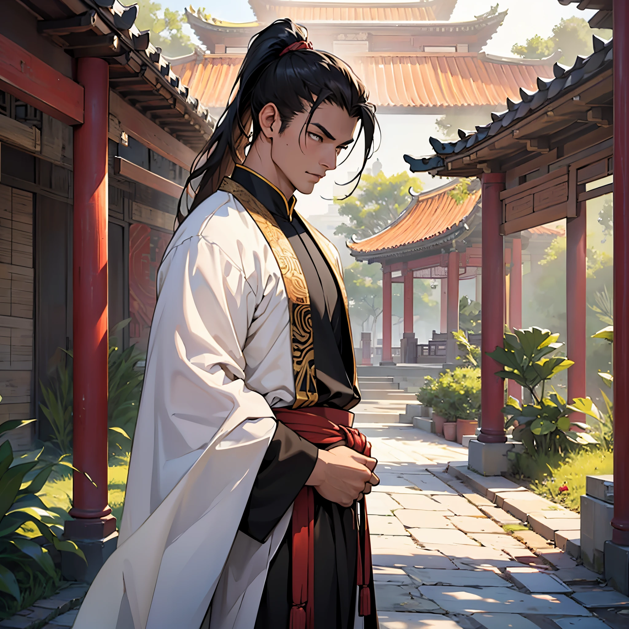 ​masterpiece, Best Quality, detailed, Cinematics, 4k, Background with:In front of a pavilion inside an ancient Chinese city, Wearing traditional Chinese white clothes and metal armor., Handsome male warrior with black ponytail, Cool pose