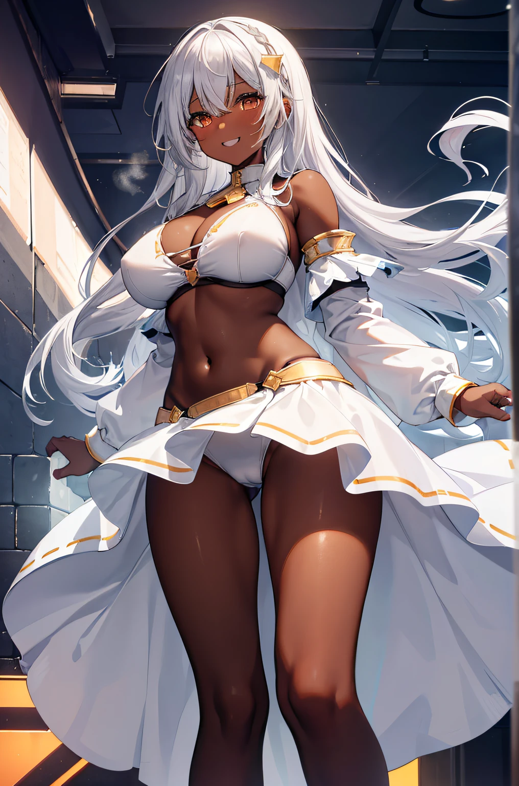 White sleeves, Sweat, steam, leg spam, leg spam, Wearing white knee socks, stick out her shoulders, High School Girl, {{{Brown skin}}}, ((Highest Quality)), (super detailed), (( (Cute)), Silver hair, Orange Eyes, Straight hair with both sides up, Exposed legs, Tooth smile, Sexy Pose, Protruding buttocks, Big breasts that are about to burst, Big smile, Big smile, (blush) , shiny, shiny black skin, {{{Exposing white bikini armor}}}, Huge breasts, slender, Inside the castle,
