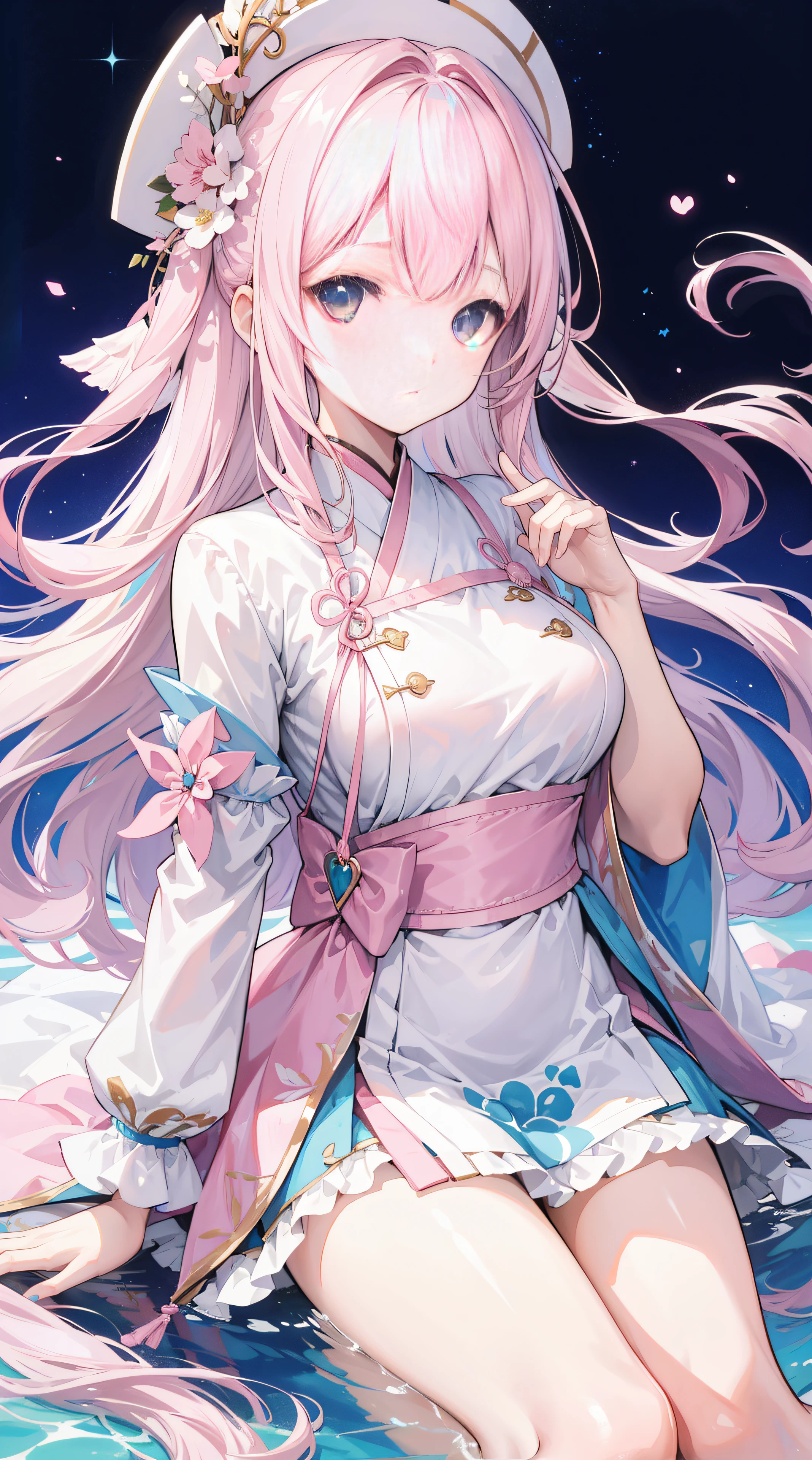 Long light pink and white hair，blue, White and pink clothes，She  a cute and lovely girl，Turn to pure desire，Looks very light and gentle