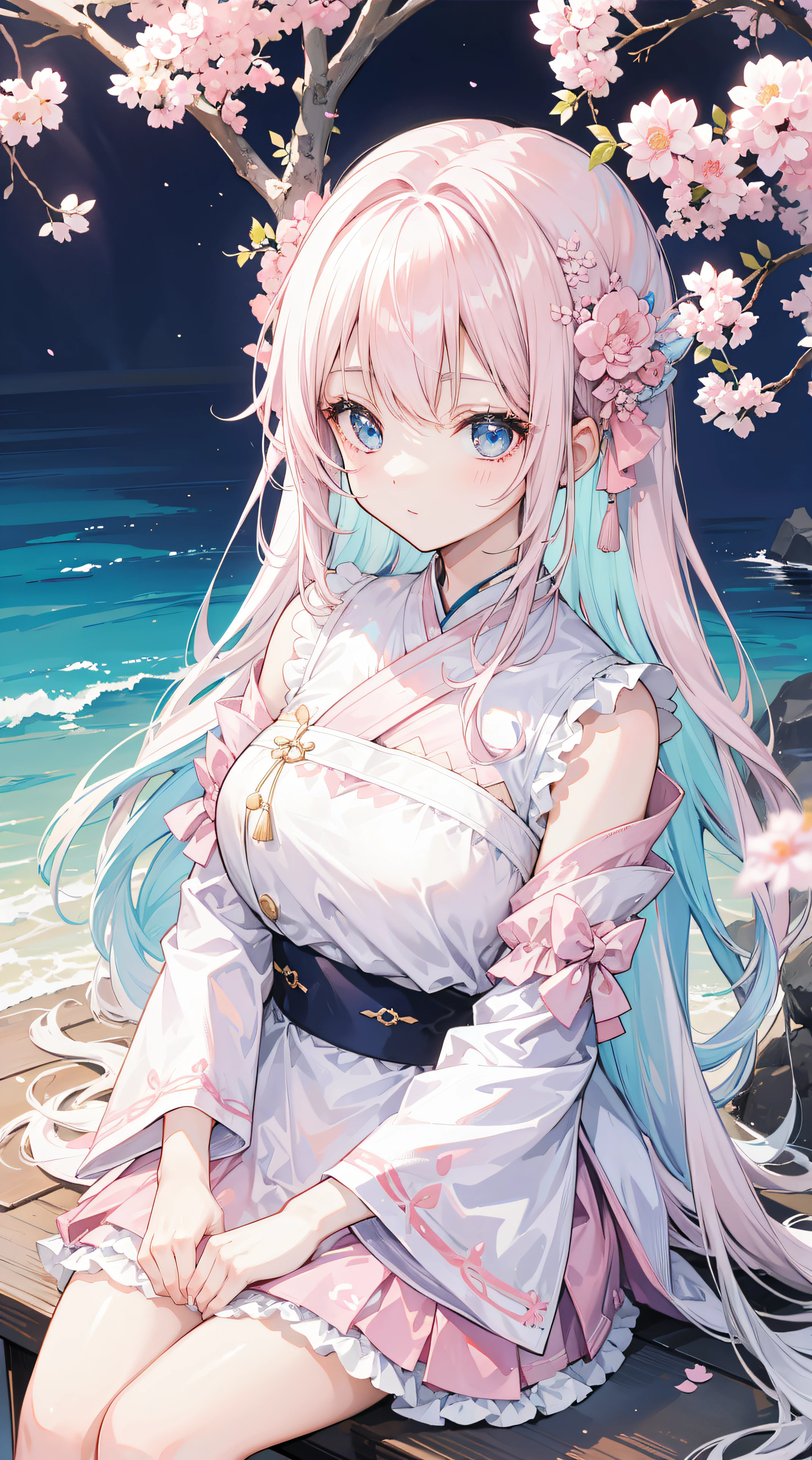 Long light pink and white hair,blue, White and pink clothes,She a cute and lovely girl,Turn to pure desire,Looks very light and gentle