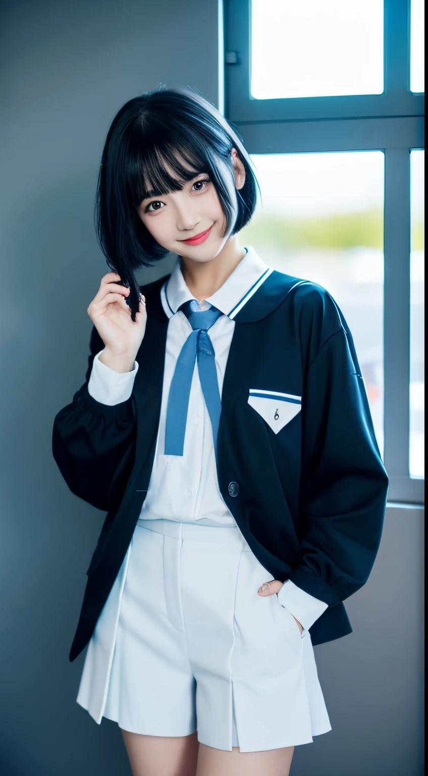 (highest quality、8k、32K、masterpiece、Hmm:1.2)、cute日本人女性の写真、黒髪のshort hair、beautiful face、take off socks、trying to take off the miniskirt、Change of clothes、Change of clothesのためにポーズをとるsailor suitを着た日本女性, I can see my pants、surreal , surreal , attractive, cute , sailor suit, japanese school uniform, japanese girl uniform, 美しいattractiveティーン, japanese school uniformを着て, photorealistic girl rendering、small、short hair、necklace、earrings