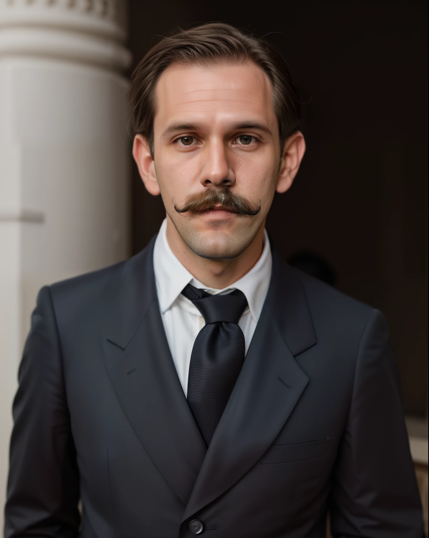 There is a man with a mustache and suit, inspirado em Arnold Franz Brasz, inspired by László Eloquent, inspirado em Franz Karl Basler-Kopp, inspired by Zoltán Nuridsány, inspired by Mikoláš Aleš, inspirado em Heinrich Herzig, inspirado em Stanley Twardowicz