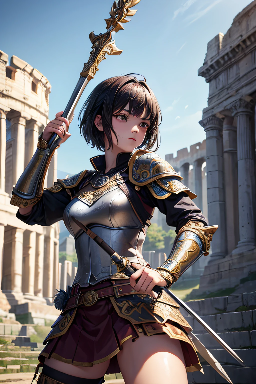 , ancient rome warrior, evil look,,combat stance, wielding a spear and shield, ancient roman armor, highly detailed, ancient colloseum in background, short hair, vibrant appearance, creative behavior, extremly detailed, imaginative, sensual, spontaneous, highest quality, skin texture, intricate details, (cinematic lighting), RAW photo, 8k, masterpiece,best quality,ultra-detailed,very detailed illustrations,extremely detailed,intricate details,highres,super complex details,extremely detailed 8k cg wallpaper,