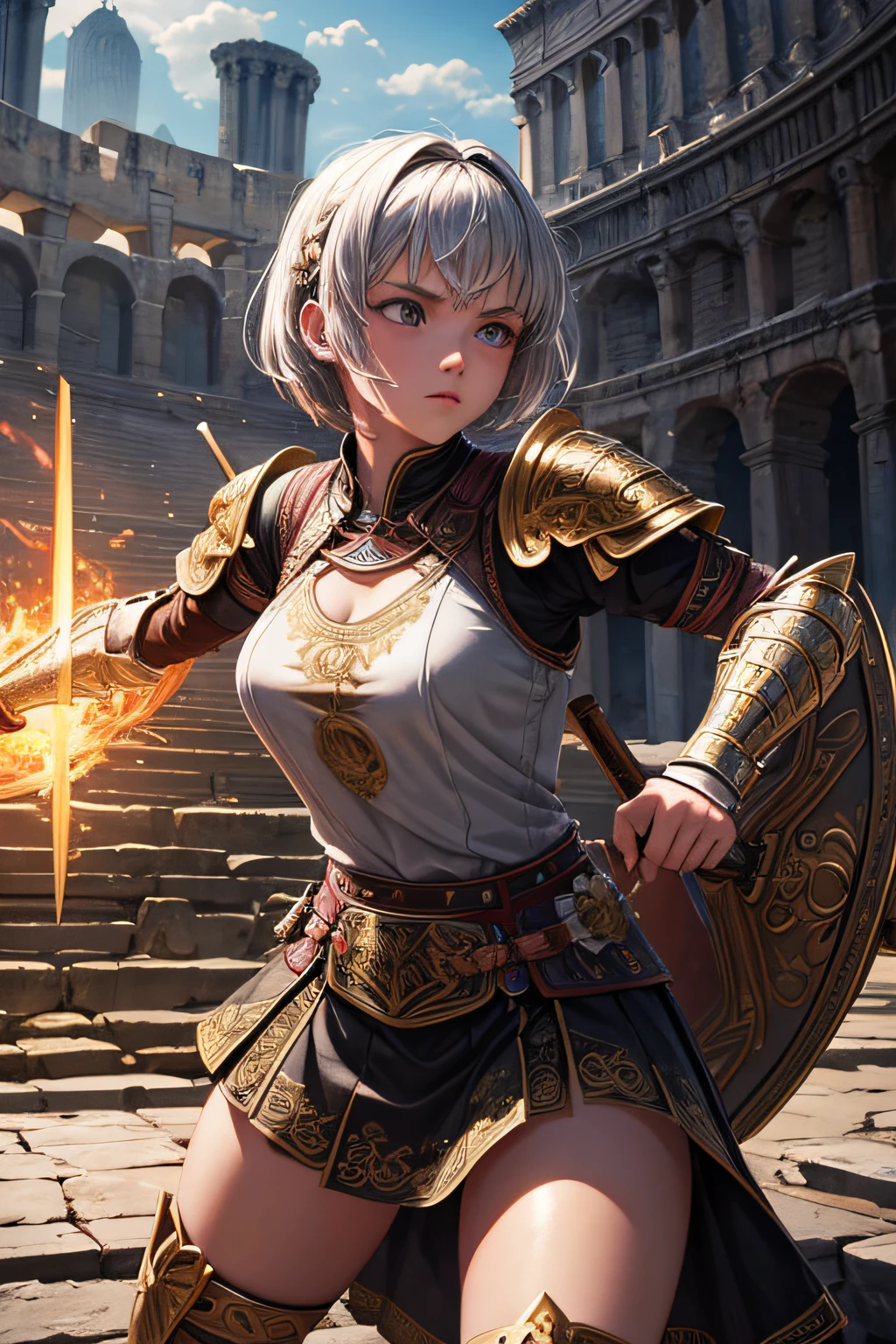 , ancient rome warrior, evil look,,combat stance, wielding a spear and shield, ancient roman armor, highly detailed, ancient colloseum in background, short hair, vibrant appearance, creative behavior, extremly detailed, imaginative, sensual, spontaneous, highest quality, skin texture, intricate details, (cinematic lighting), RAW photo, 8k, masterpiece,best quality,ultra-detailed,very detailed illustrations,extremely detailed,intricate details,highres,super complex details,extremely detailed 8k cg wallpaper,