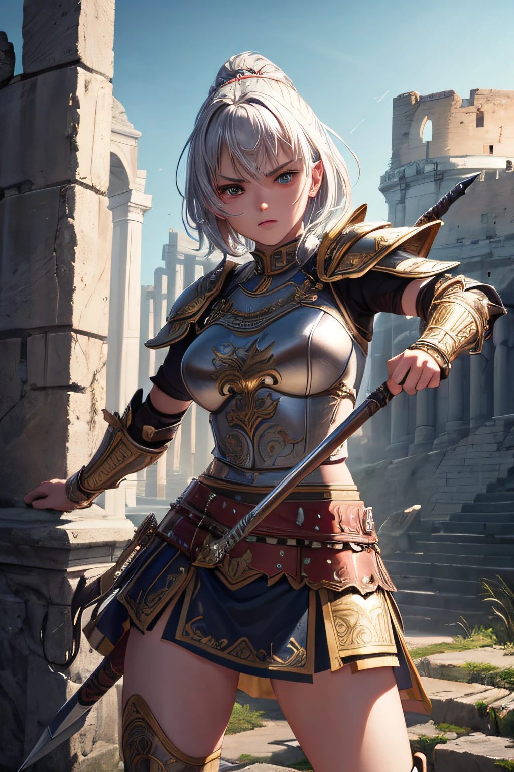 young teen girl, ancient rome warrior, evil look,,combat stance, wielding a spear and shield, ancient roman armor, highly detailed, ancient colloseum in background, short hair, vibrant appearance, creative behavior, extremly detailed, imaginative, sensual, spontaneous, highest quality, skin texture, intricate details, (cinematic lighting), RAW photo, 8k, masterpiece,best quality,ultra-detailed,very detailed illustrations,extremely detailed,intricate details,highres,super complex details,extremely detailed 8k cg wallpaper,