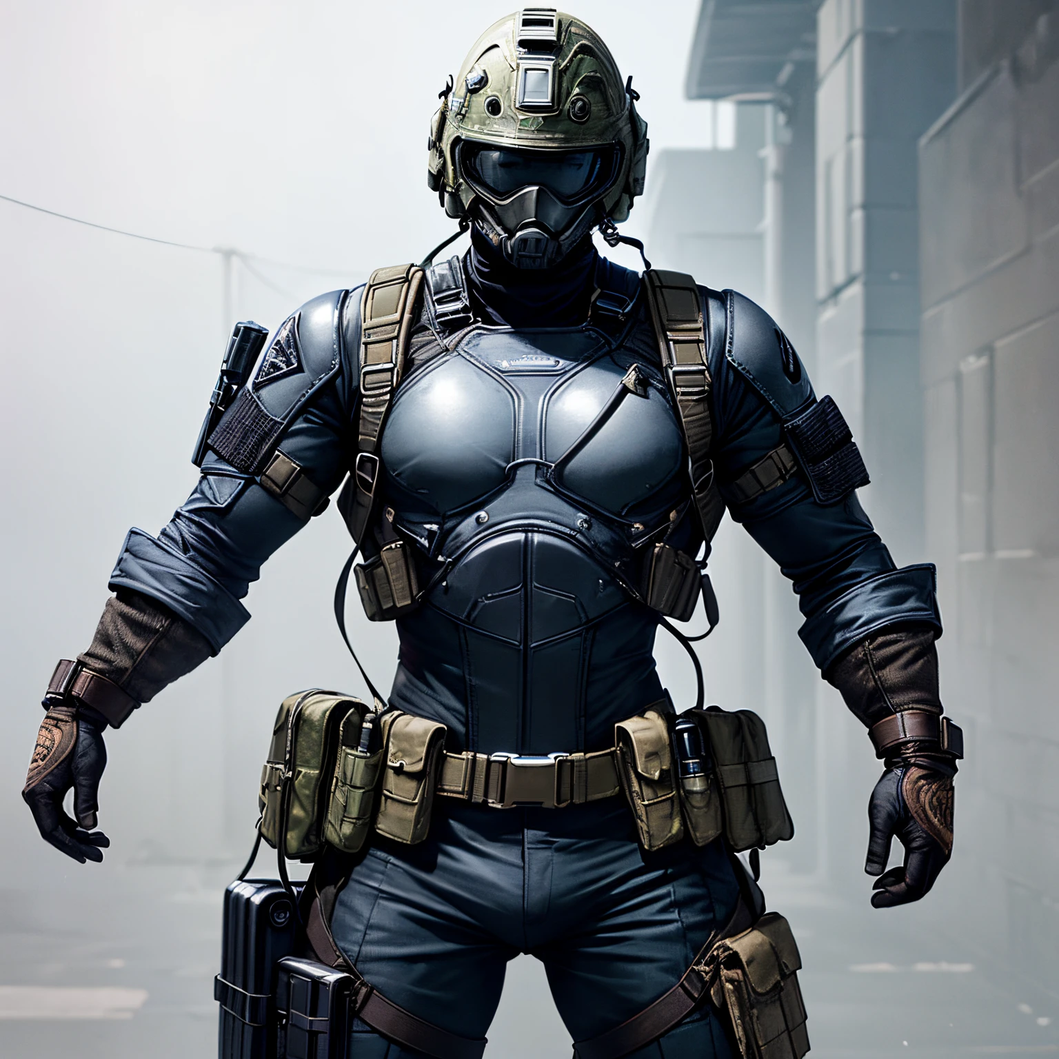 metal gear solid style, (Intricately detailed full-face tactical helmet:1.3), (with pink hair), cow boy shot, dynamicposes, 1个Giant Breast Girl, Alone, Ray traching, (tmasterpiece), (Best quality at best), (Detailed pubic hair), (Detailed tactical equipment:1.1), (body protective gear:1.1), Combat pants, mitts, (intricate background:1.1),