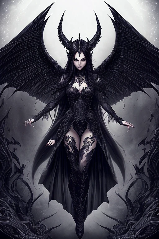 a gothic pale woman with beautifully tattooed horns, a goddess of darkness with seductive features and demon wings, (intense and seductive) eyes, a (pale and flawless) face, (sharp and captivating) cheekbones, (plump and alluring) lips, (flowing and dark) hair, (mysterious and enchanting) aura, (elegant and tasteful) black clothing, (intricately designed) tattoos, (sinister and alluring) presence, (allurignly) confident stance, (subtly) glowing eyes, (graceful and strong) body language, (mesmerizing) gaze, (hauntingly) beautiful expression, (charmingly) crooked smile, (faint and delicate) horns, (delicate and intricate) wing details, (sharp and ominous) edges, (dark and ominous) wingspan, (gracefully) extended wings, (elegant and graceful) poses, (ethereal and enchanting) background, (subtle and atmospheric) lighting, (dark and moody) color palette, (mysterious and captivating) atmosphere, (dramatic and intense) shadows, (intricately) detailed artwork, (high contrast and dramatic) portraits, (hauntingly) beautiful scenery, (majestic and mystical) vibes, (emotionally) powerful imagery, (rich and deep) textures, (hypnotic) visual effects, (dreamlike) illusions, (intense and mesmerizing) compositions, (stunning and immersive) realism.