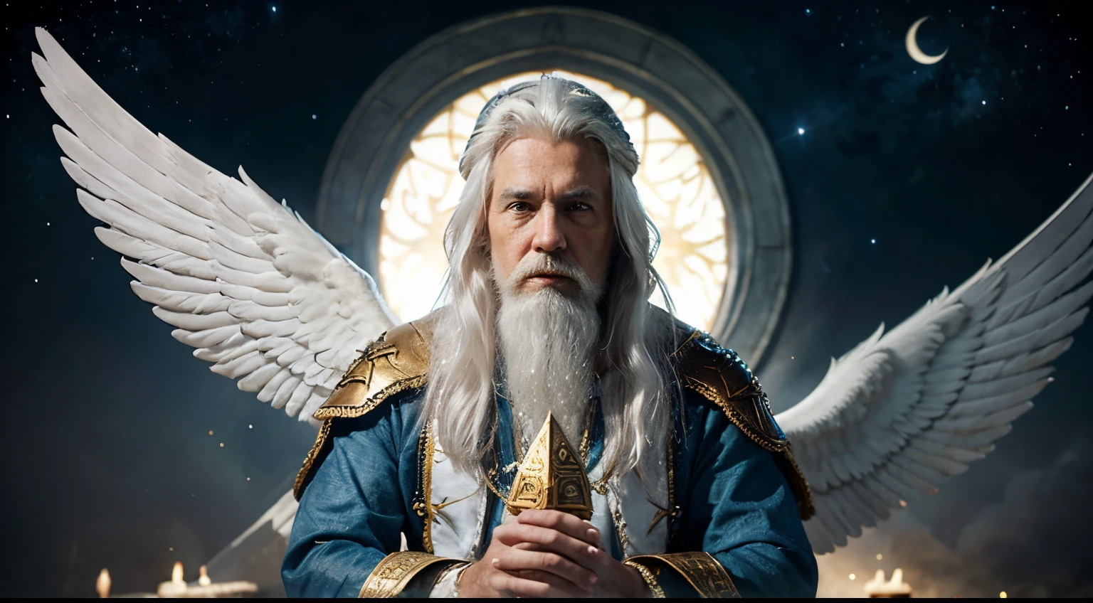 create an image of an old sorcerer god with white hair, white beard, blue eyes wearing a white tunic sitting on a golden medieval throne, night sky with stars and many clouds, angels with open wings flying in the background
apparent pores, hyperrealistic high resolution