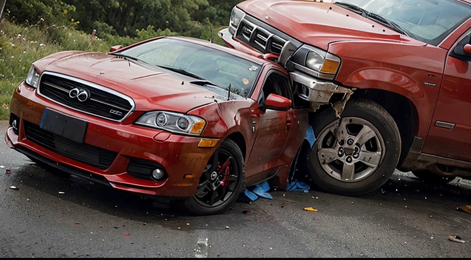 Vehicle severely damaged,collide,scroll,red car and blue car